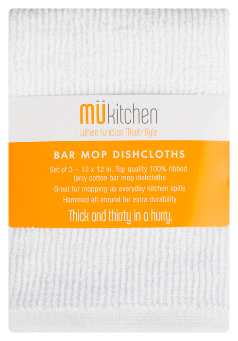 MU Kitchen Cotton Bar Mop Dish Cloth, 12 by 12-Inches, Set of 3, White