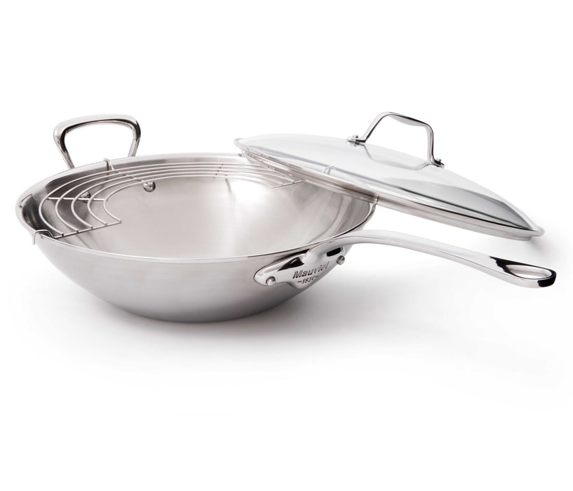 Mauviel M'Cook 12.5 Inch Stainless Steel Wok With Long Handle And Helper Handle