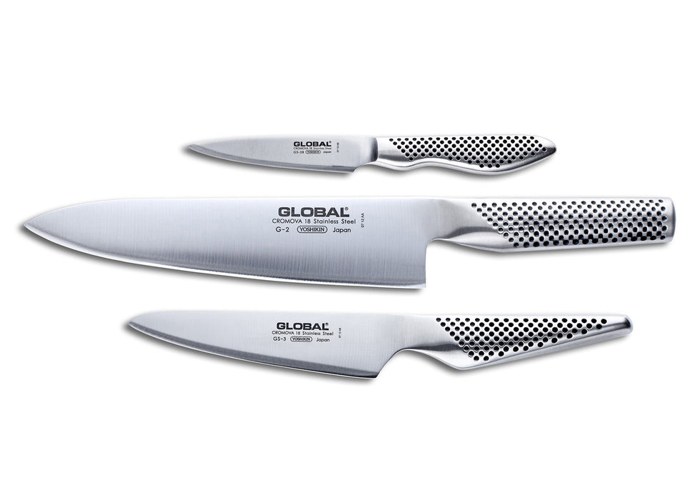 Global G-2338 3 Piece Starter Knife Set with Chef's, Utility and Paring Knife