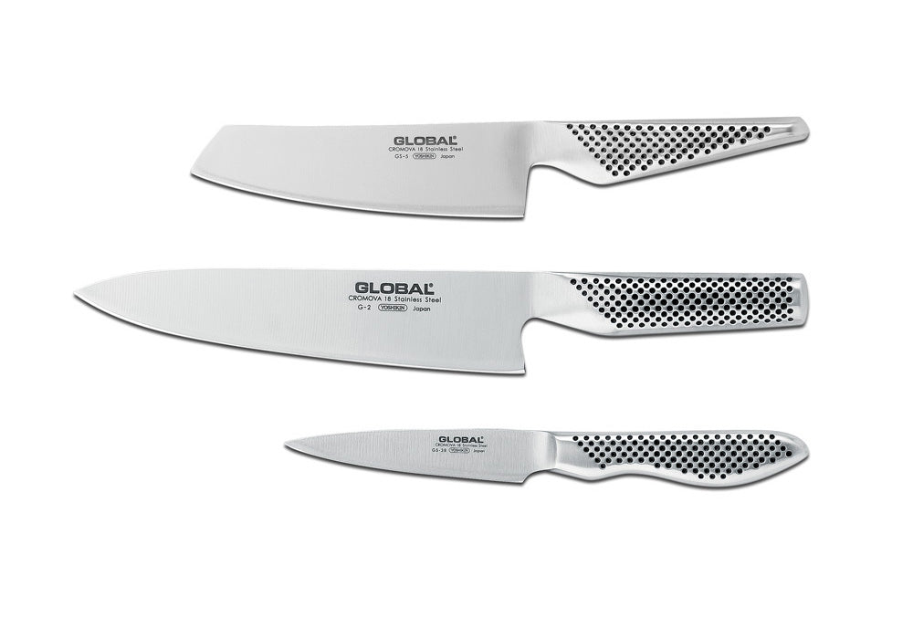 Global G-2538 3 Piece Knife Set with Chef's, Vegetable and Paring Knife
