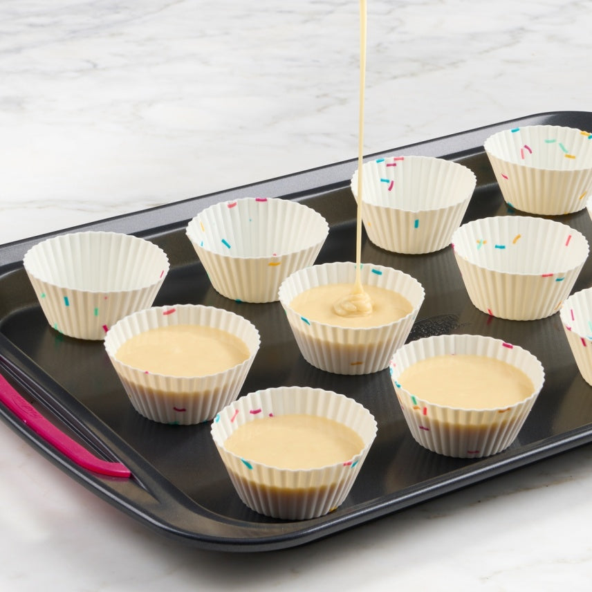 Trudeau Silicone Standard Muffin Baking Cup, White Confetti, Set of 12