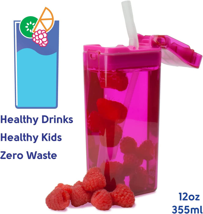 Precidio Design Drink in the Box Eco-Friendly Reusable Juice Box Container, 12 ounce, Pink