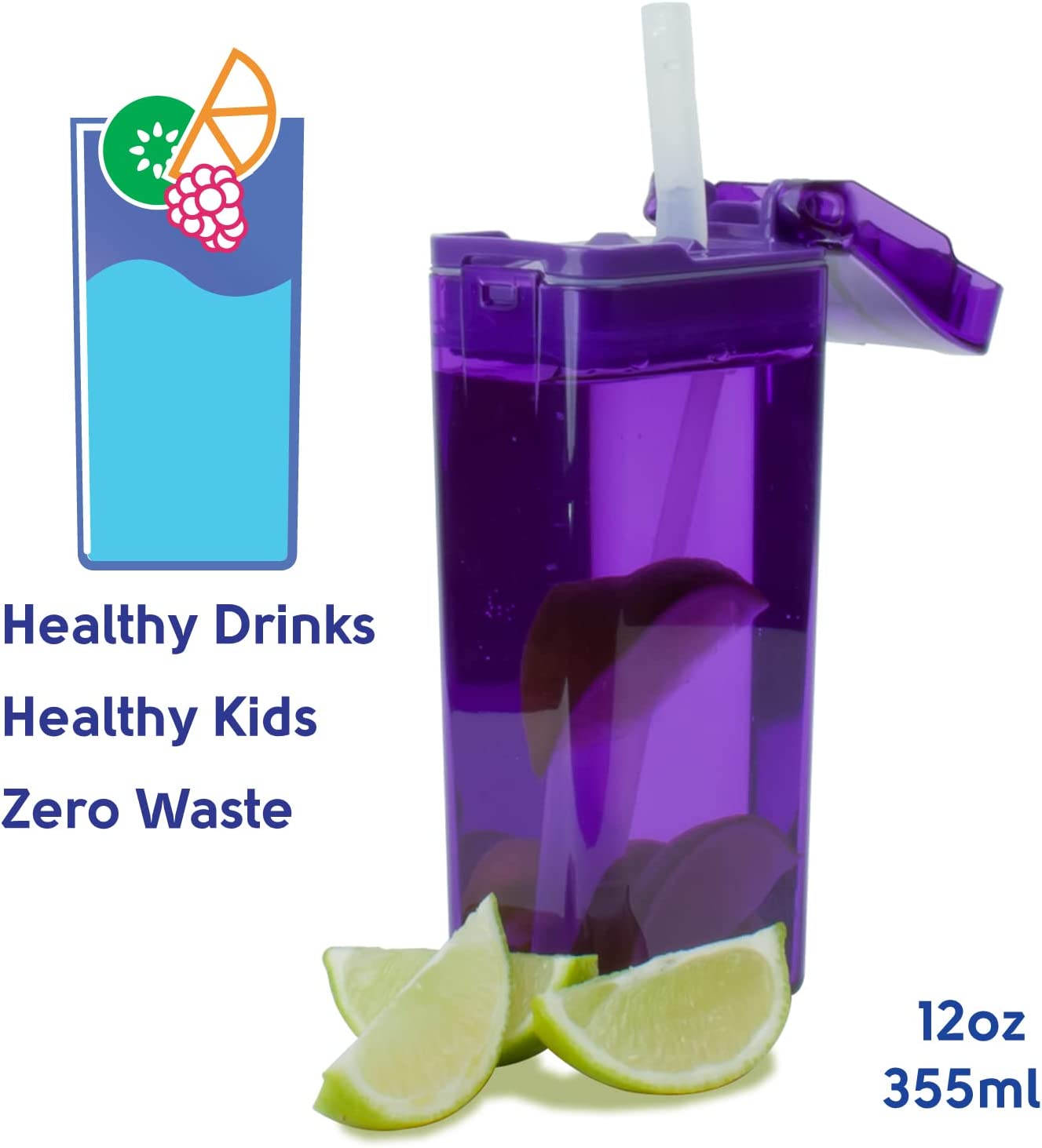 Precidio Design Drink in the Box Eco-Friendly Reusable Juice Box Container, 12 ounce, Purple