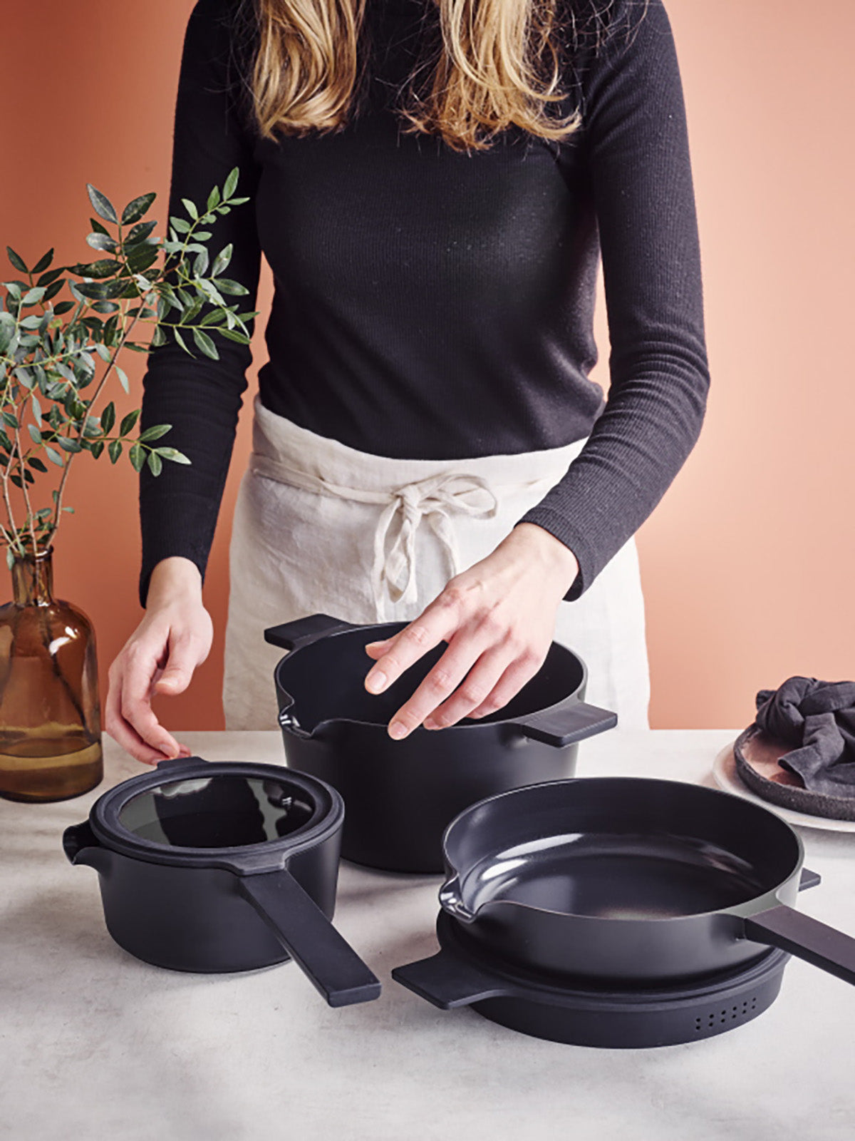 Alva Neat 5-Piece Ceramic Nonstick Stackable Cookware Set, Induction & Oven Safe, Black