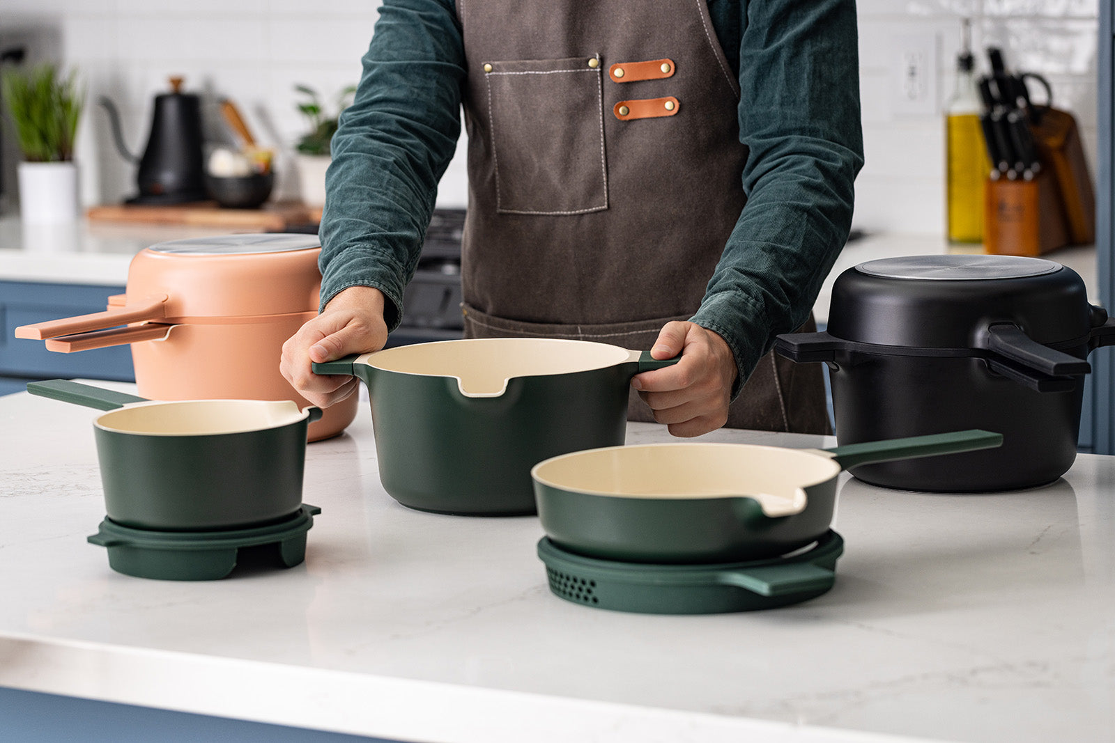 Alva Neat 5-Piece Ceramic Nonstick Stackable Cookware Set, Induction & Oven Safe, Peach