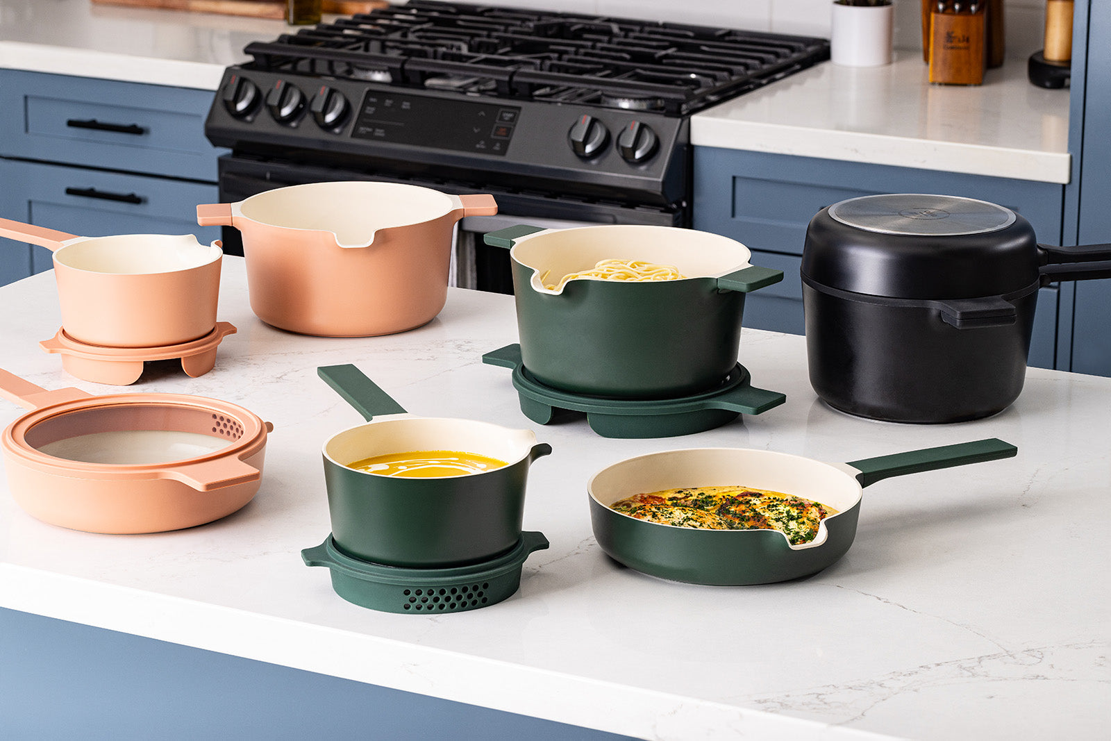 Alva Neat 5-Piece Ceramic Nonstick Stackable Cookware Set, Induction & Oven Safe, Peach