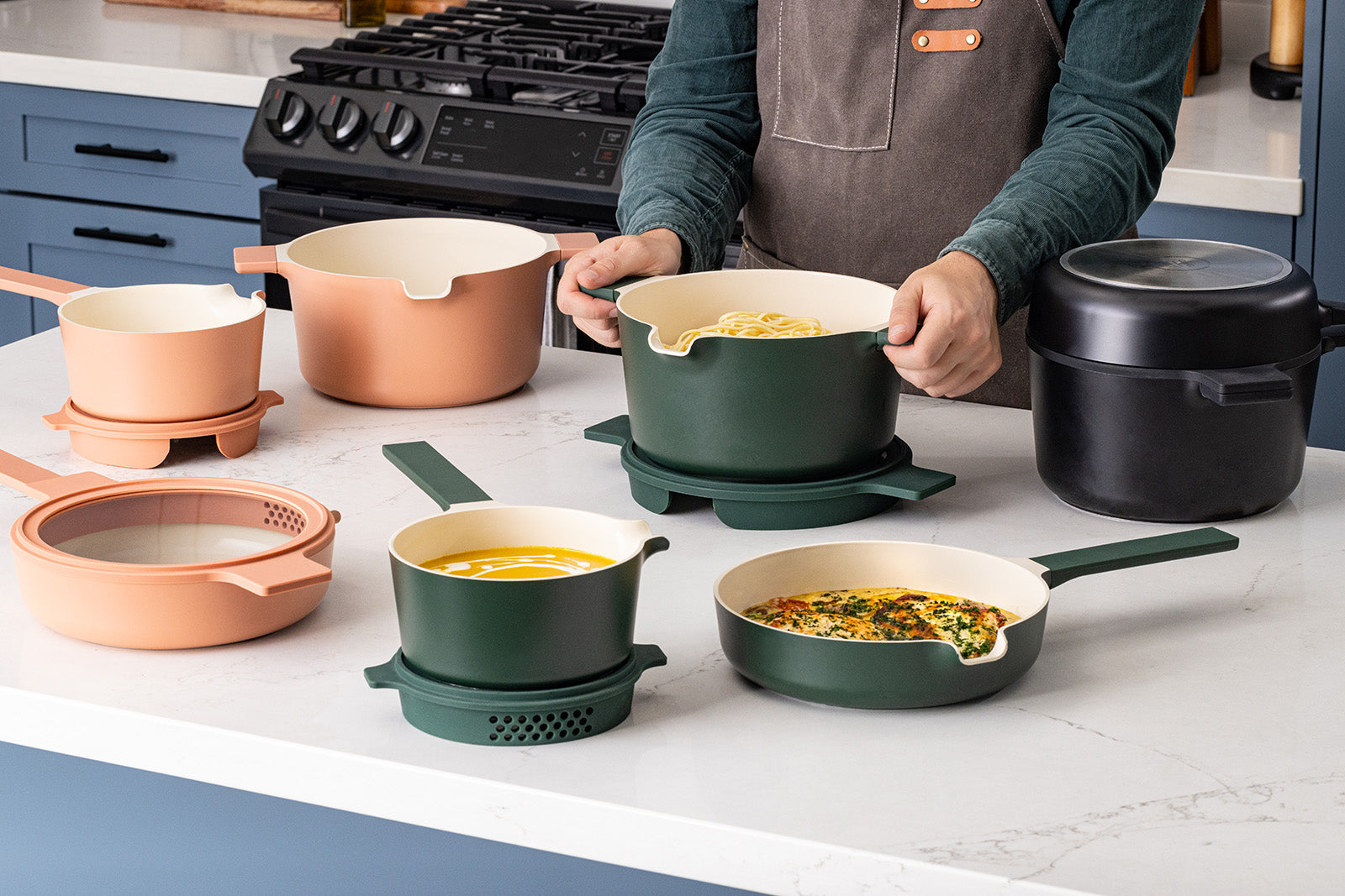 Alva Neat 5-Piece Ceramic Nonstick Stackable Cookware Set, Induction & Oven Safe, Peach