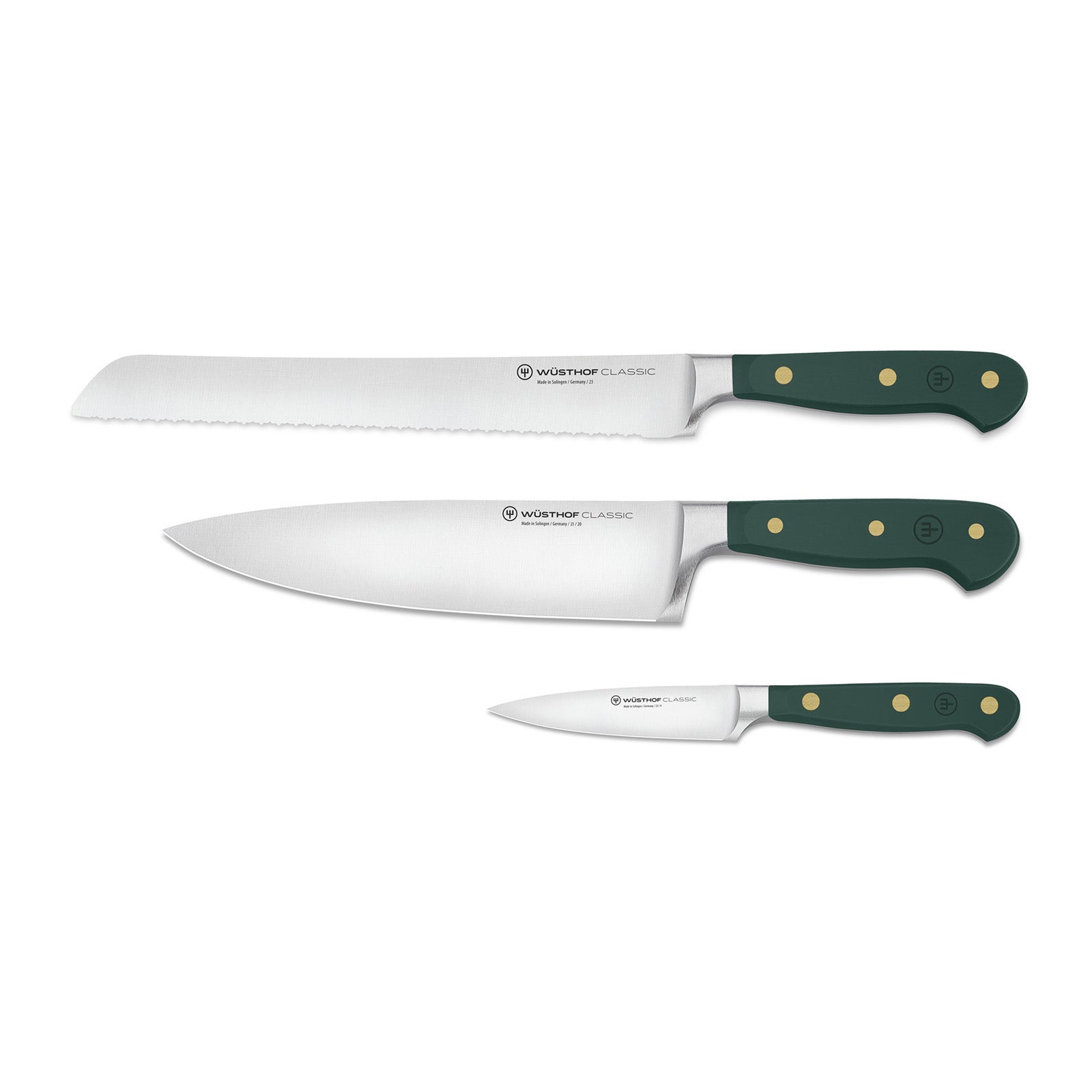 Wusthof Classic Three Piece Knife Set with Chef's Knife, Bread Knife, Paring, Rosemary