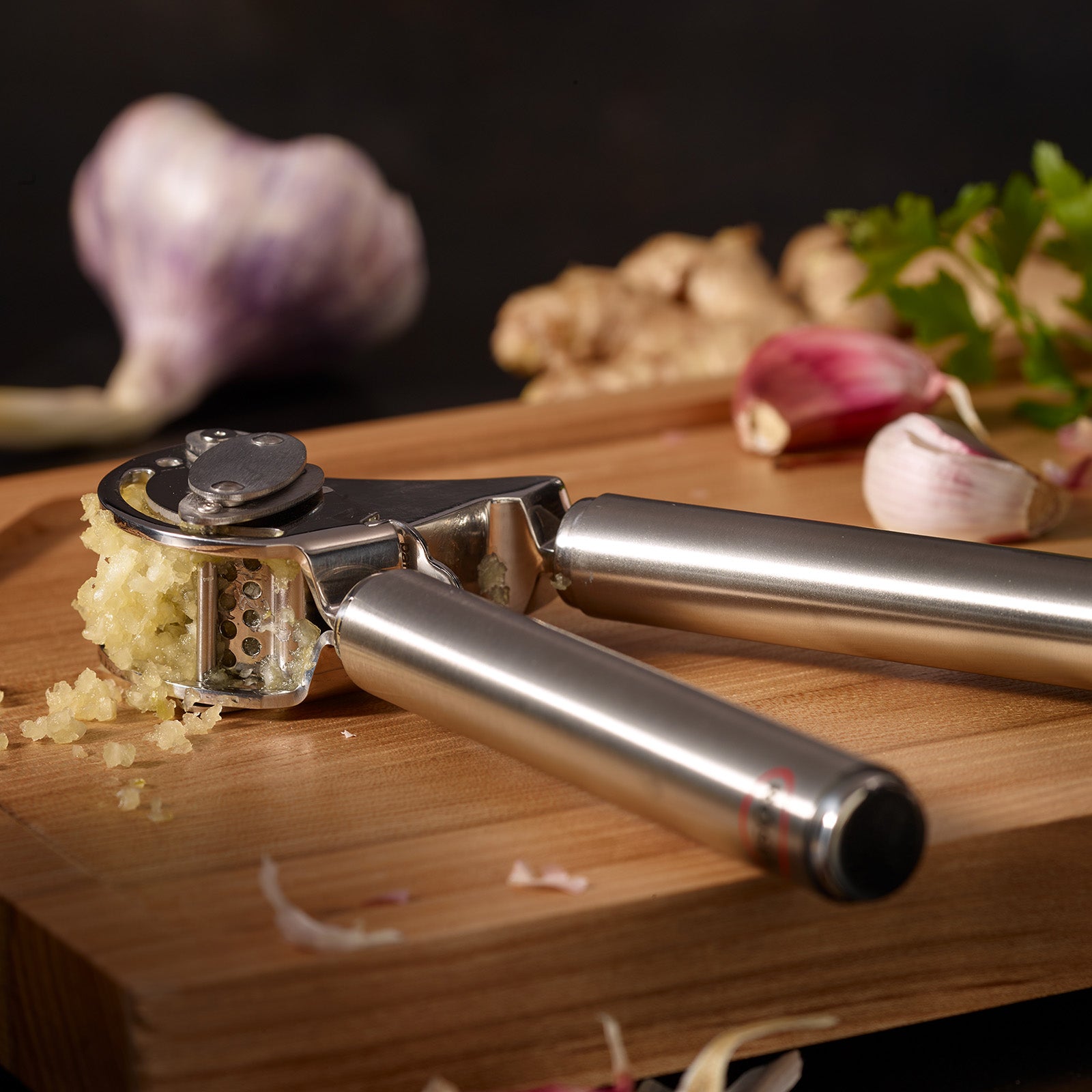 Rosle Stainless Steel Mincing Garlic / Ginger Press with Scraper, 9-inch