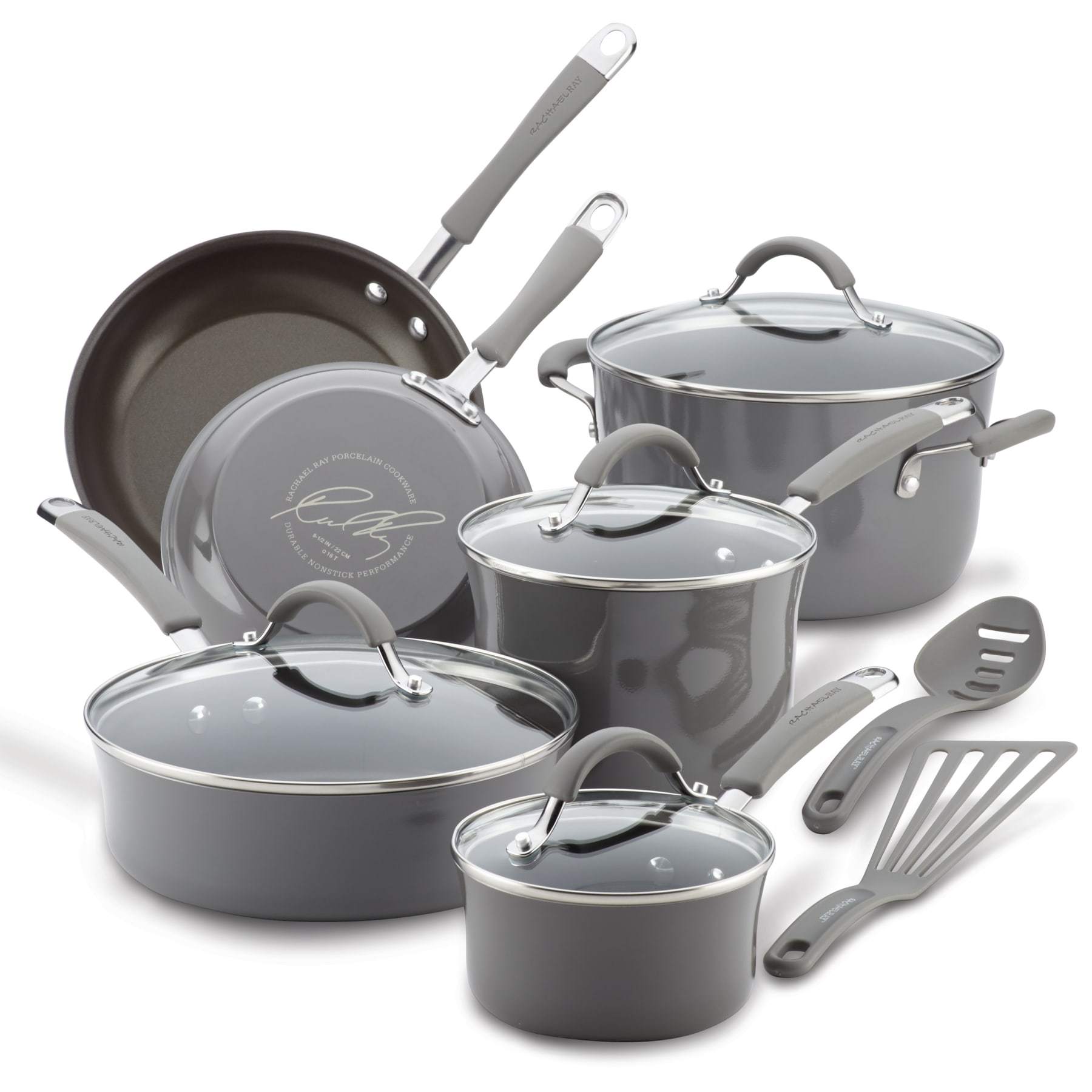Rachael Ray Cucina Nonstick Cookware Set, 12 Piece, Sea Salt Gray