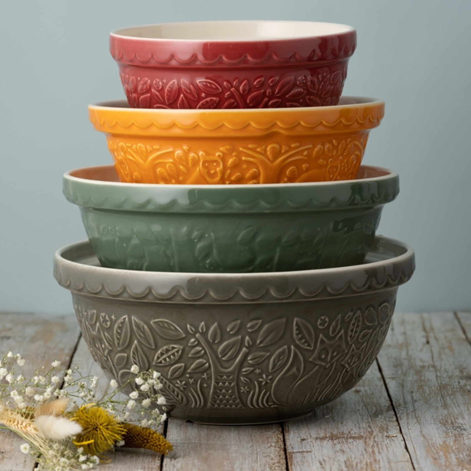 Mason Cash In The Forest Size 12 Gray, Size 18 Green, Size 24 Ochre Mixing Bowl Set of 3