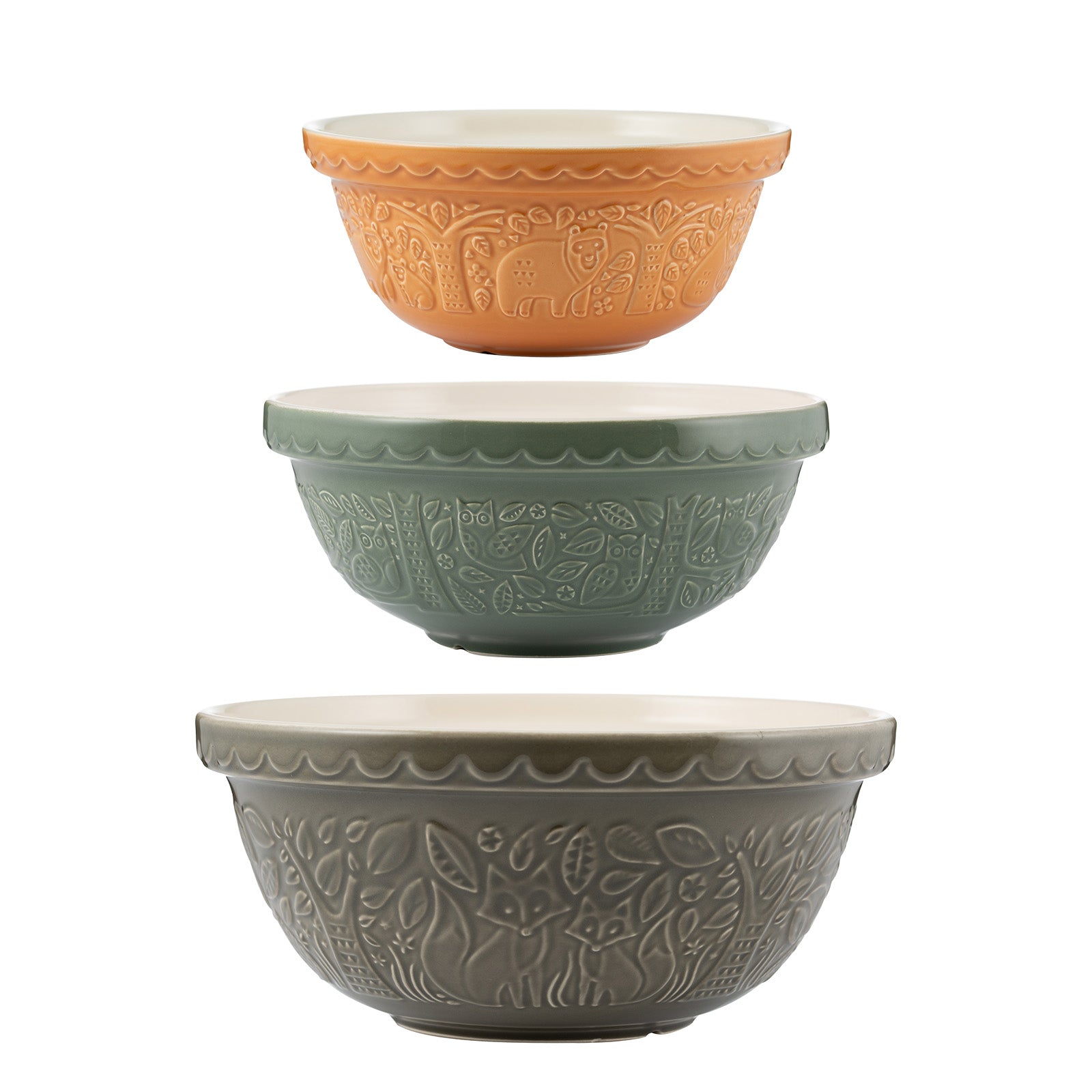 Mason Cash In The Forest Size 12 Gray, Size 18 Green, Size 24 Ochre Mixing Bowl Set of 3