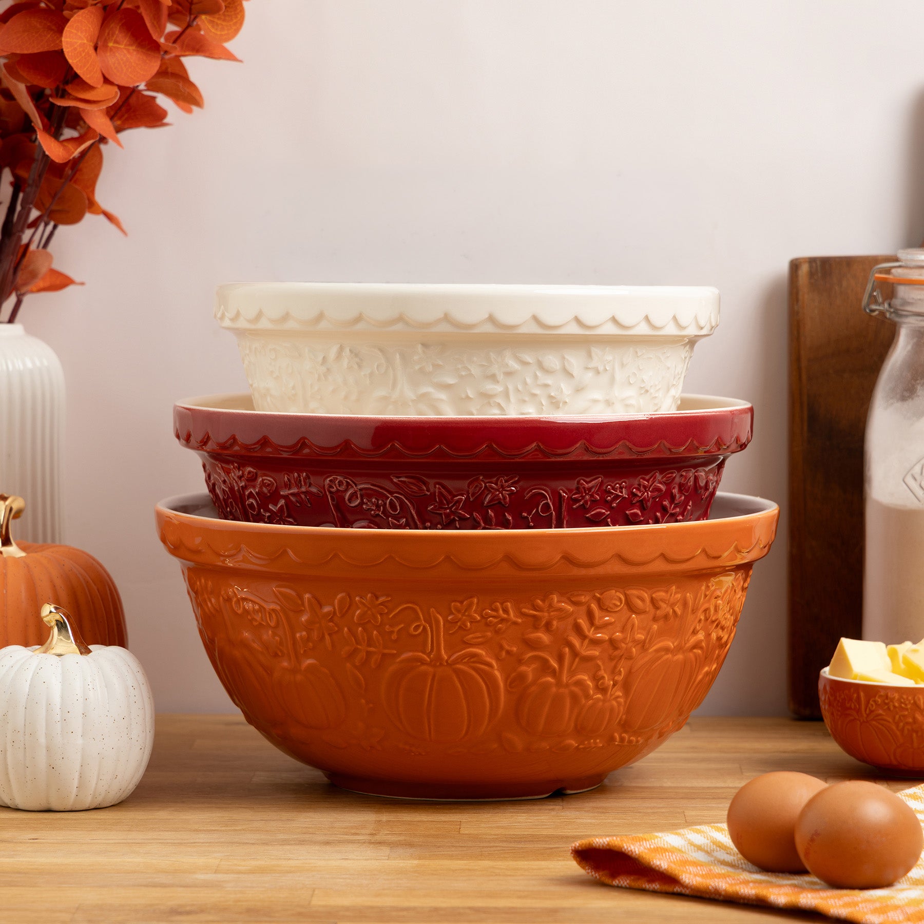 Mason Cash Pumpkin Mixing Bowl Set of 3 | Stoneware Nesting Bowls, Fall Harvest