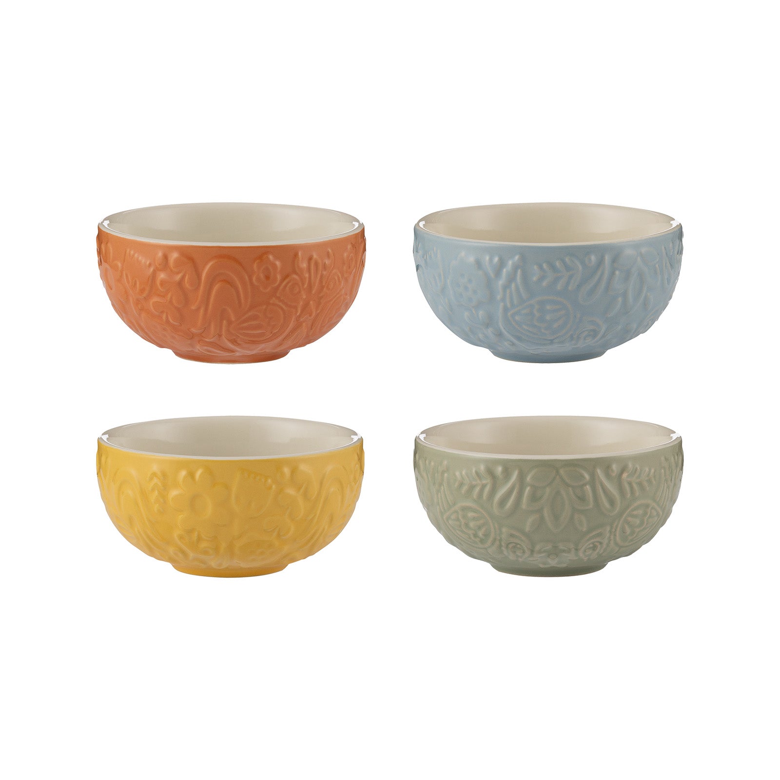 Mason Cash Home to Roost Mini Bowl Set, 4 Ceramic Prep Bowls with Hen and Cockerel Designs