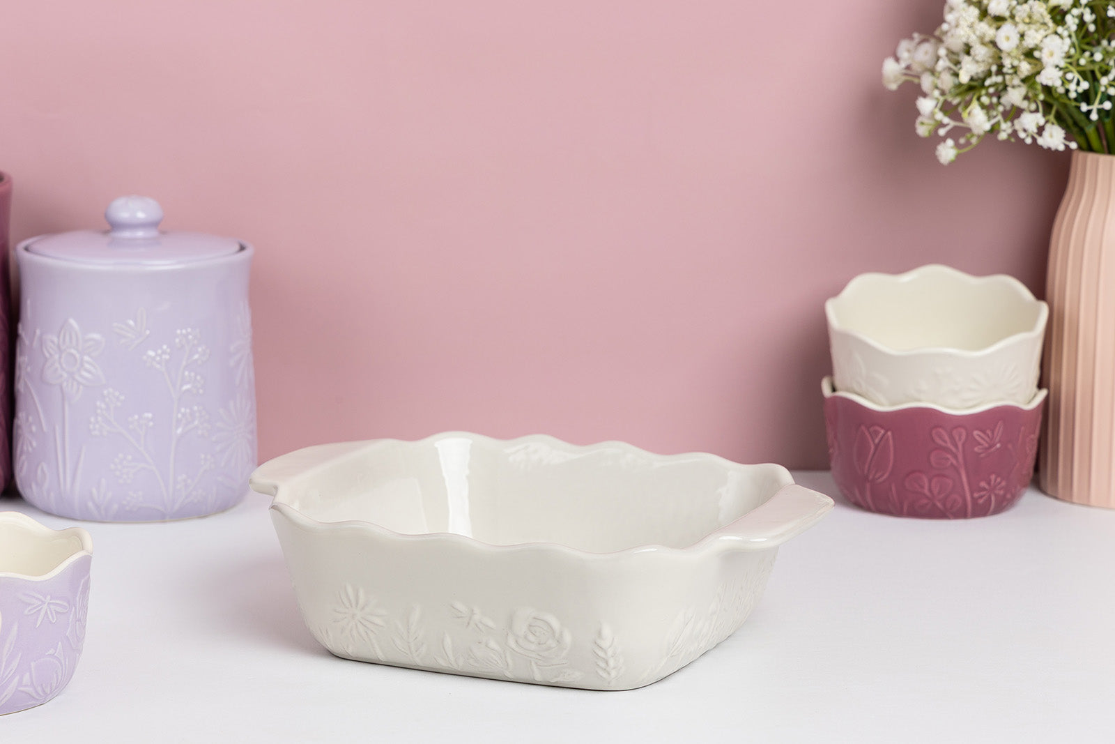 Mason Cash In The Meadow Square Baker with Embossed Floral Design, Cream