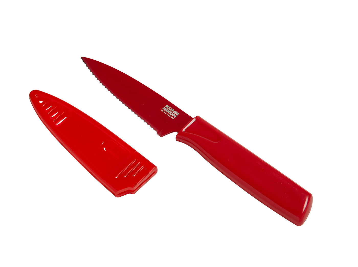 Kuhn Rikon Colori Non-Stick Serrated Paring Knife with Safety Sheath, 4 inch, Red