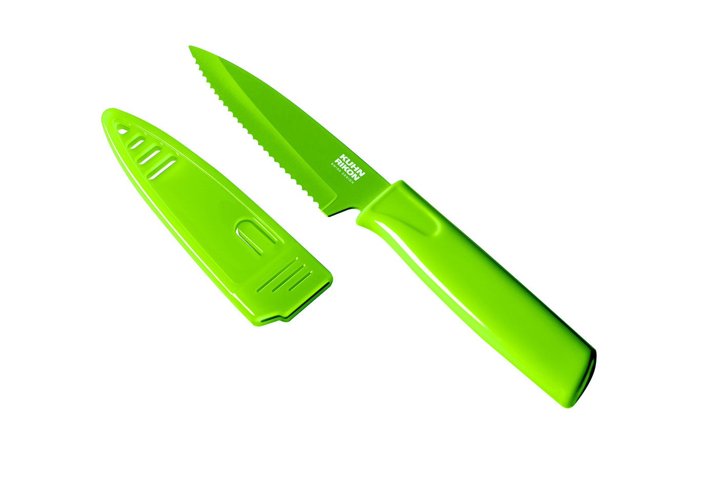 Kuhn Rikon Colori Non-Stick Serrated Paring Knife with Safety Sheath, 4 inch, Green