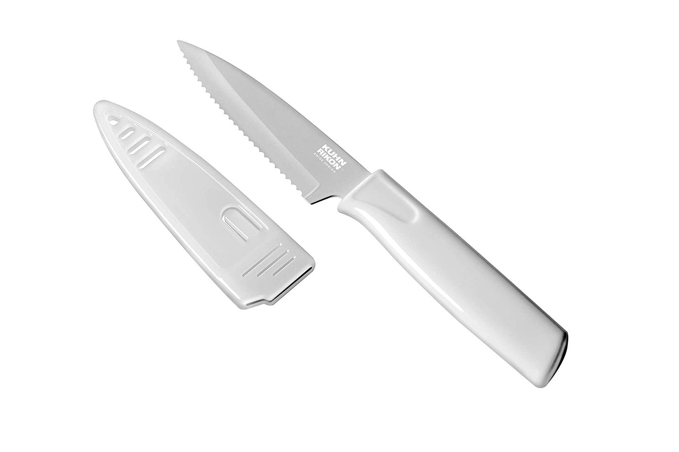 Kuhn Rikon Colori Non-Stick Serrated Paring Knife with Safety Sheath, 4 inch, White