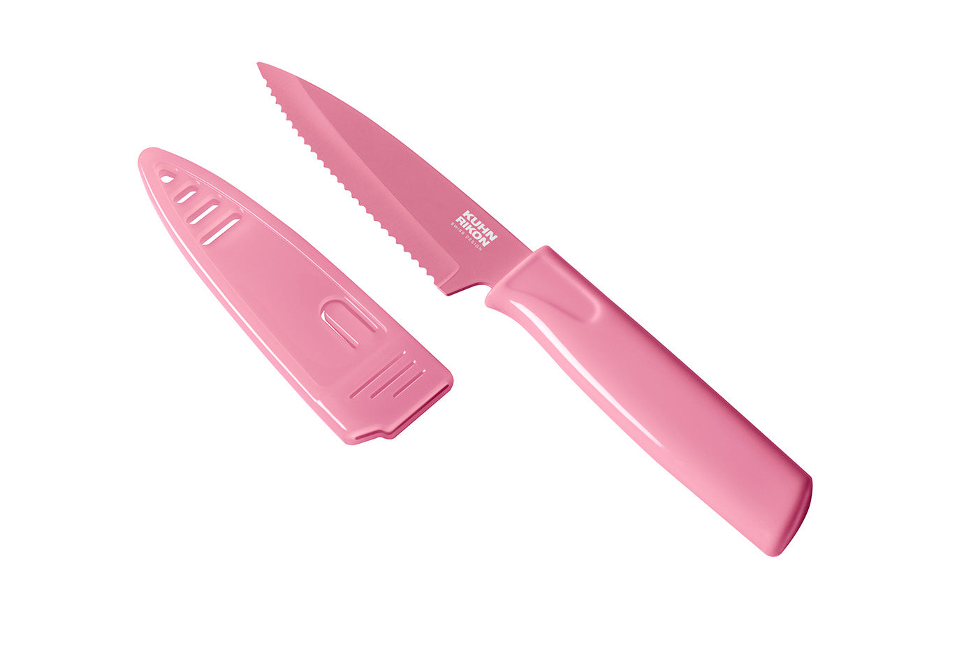 Kuhn Rikon Colori Non-Stick Serrated Paring Knife with Safety Sheath, 4 inch, Pink