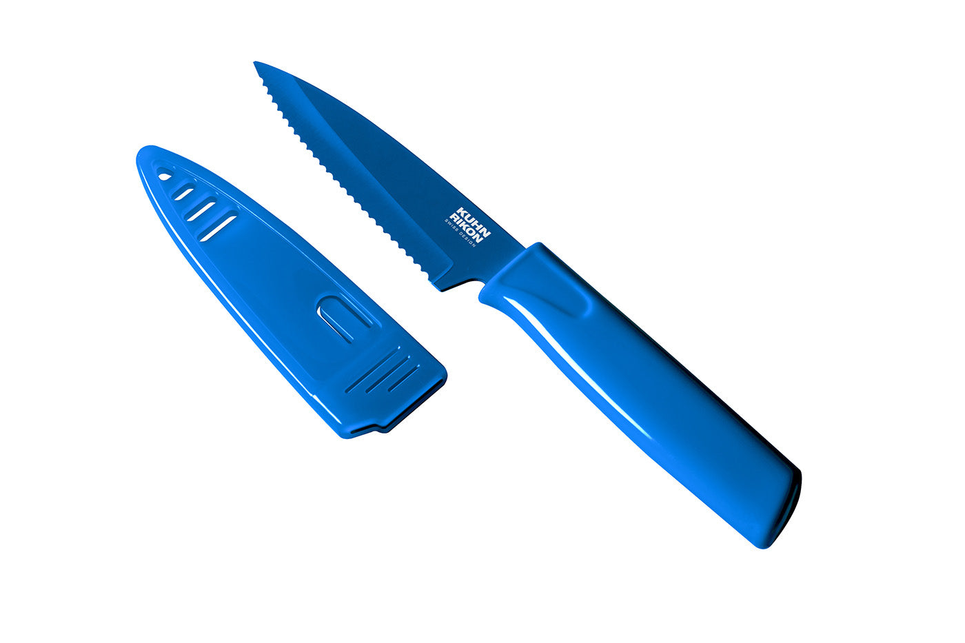 Kuhn Rikon Colori Non-Stick Serrated Paring Knife with Safety Sheath, 4 inch, Blue