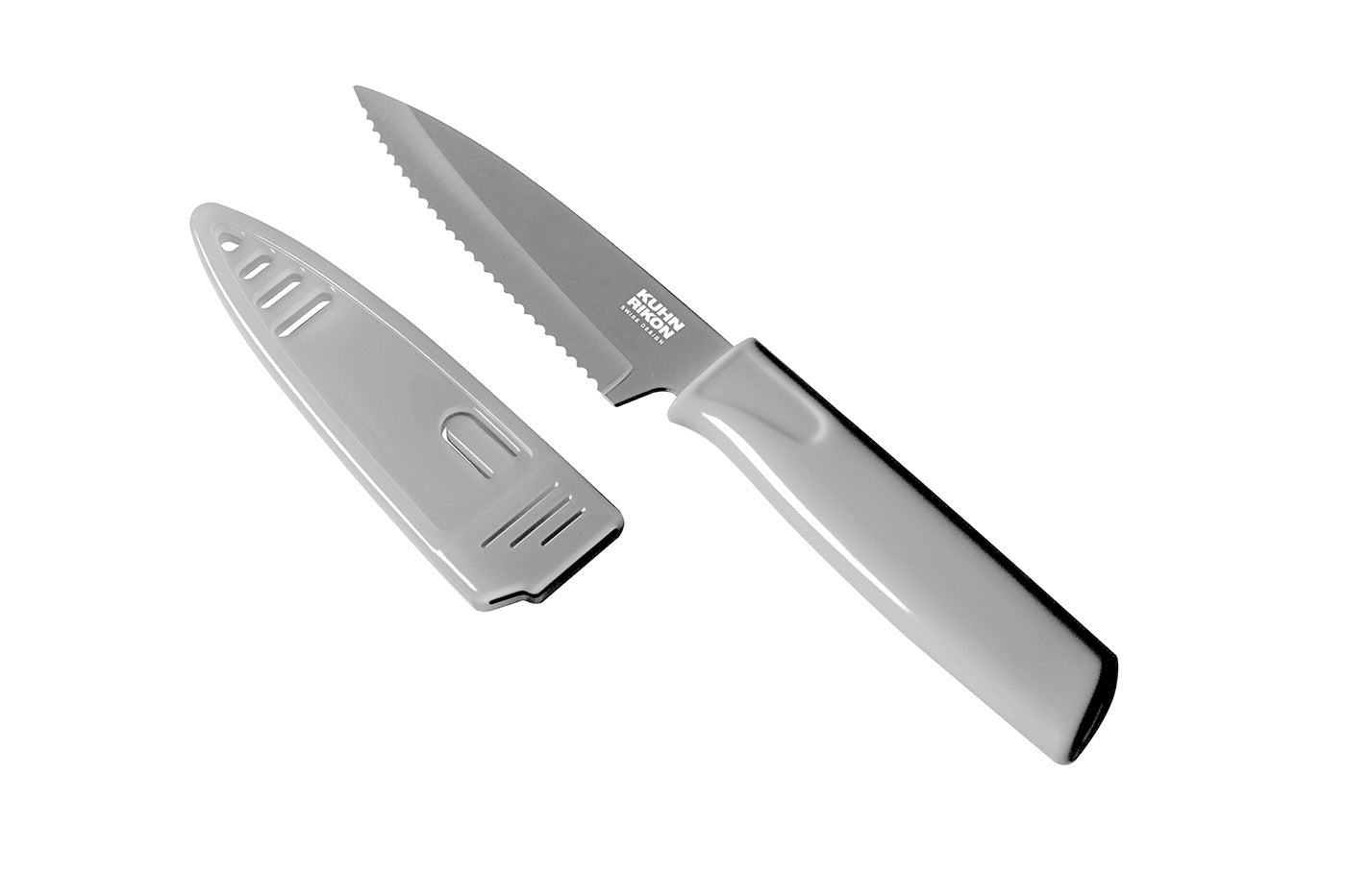Kuhn Rikon Colori Non-Stick Serrated Paring Knife with Safety Sheath, 4 inch, Gray