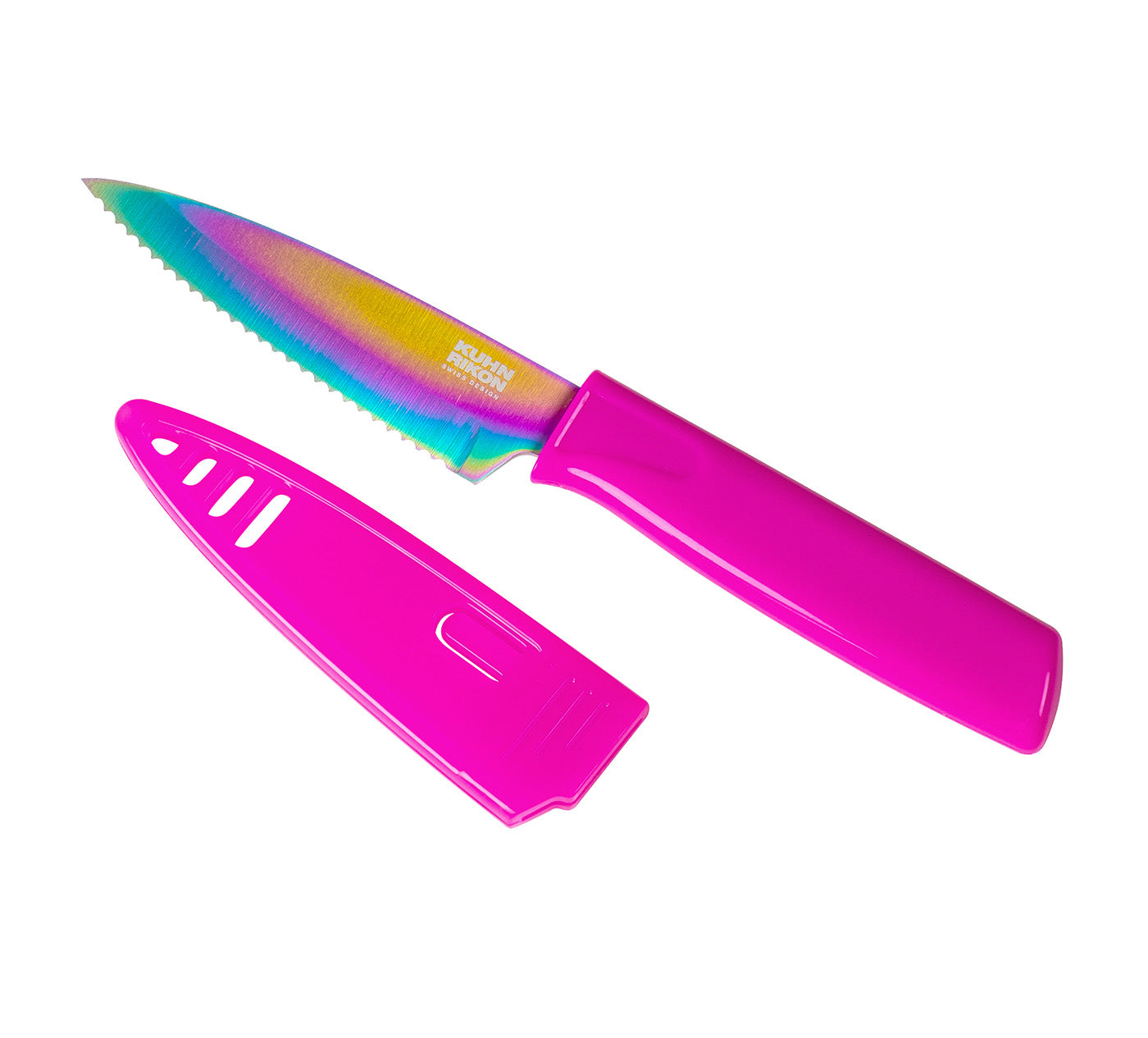 Kuhn Rikon Colori Non-Stick Serrated Paring Knife with Safety Sheath, 4 inch, Rainbow