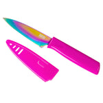Kuhn Rikon Colori Non-Stick Serrated Paring Knife with Safety Sheath, 4 inch, Rainbow
