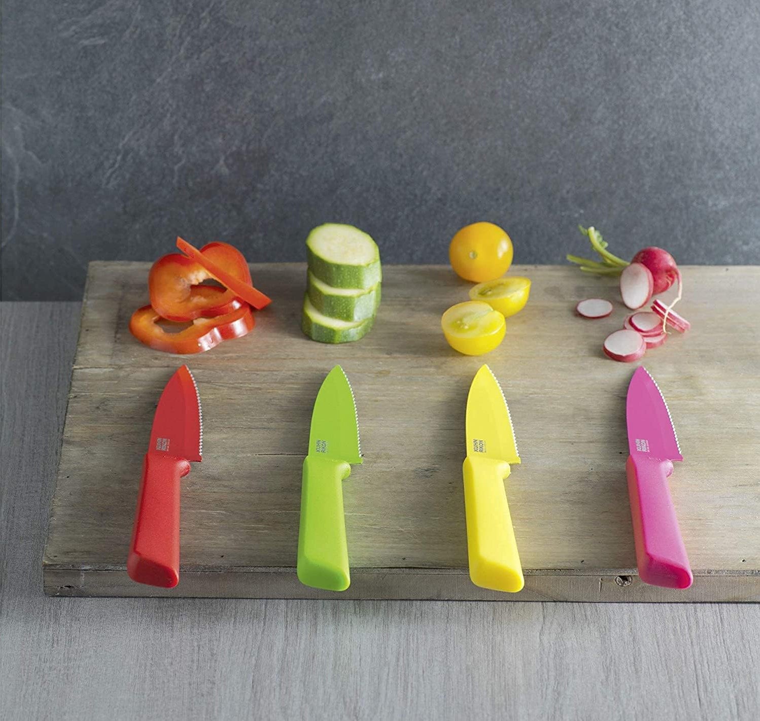 Kuhn Rikon COLORI+ Non-Stick Straight and Serrated Paring Knives with Safety Sheaths, Set of 2, Red and Green