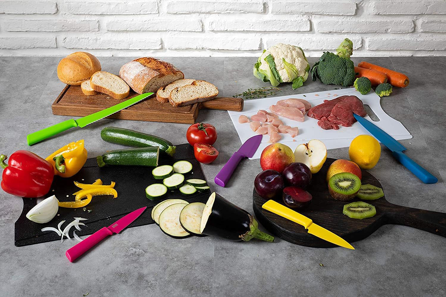 Kuhn Rikon COLORI+ Non-Stick Straight and Serrated Paring Knives with Safety Sheaths, Set of 2, Red and Green