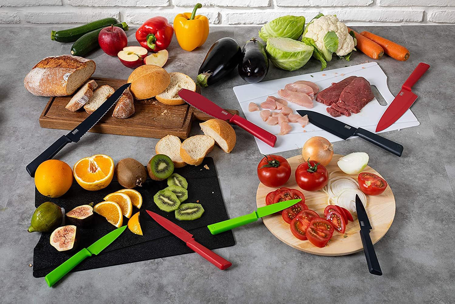 Kuhn Rikon COLORI+ Non-Stick Straight and Serrated Paring Knives with Safety Sheaths, Set of 2, Red and Green