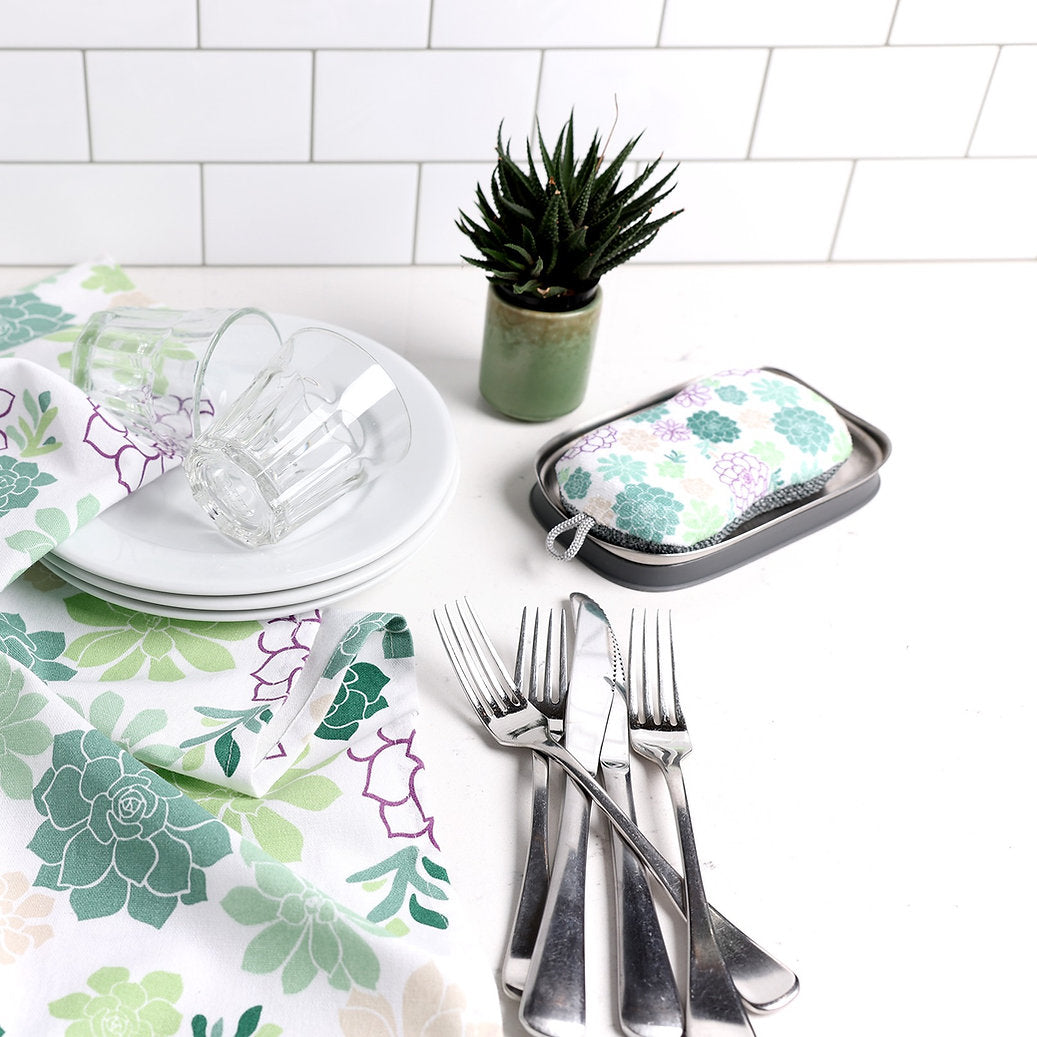 MU Kitchen Durable Microfiber Sponge with Scrubber, Set of 2, Succulents