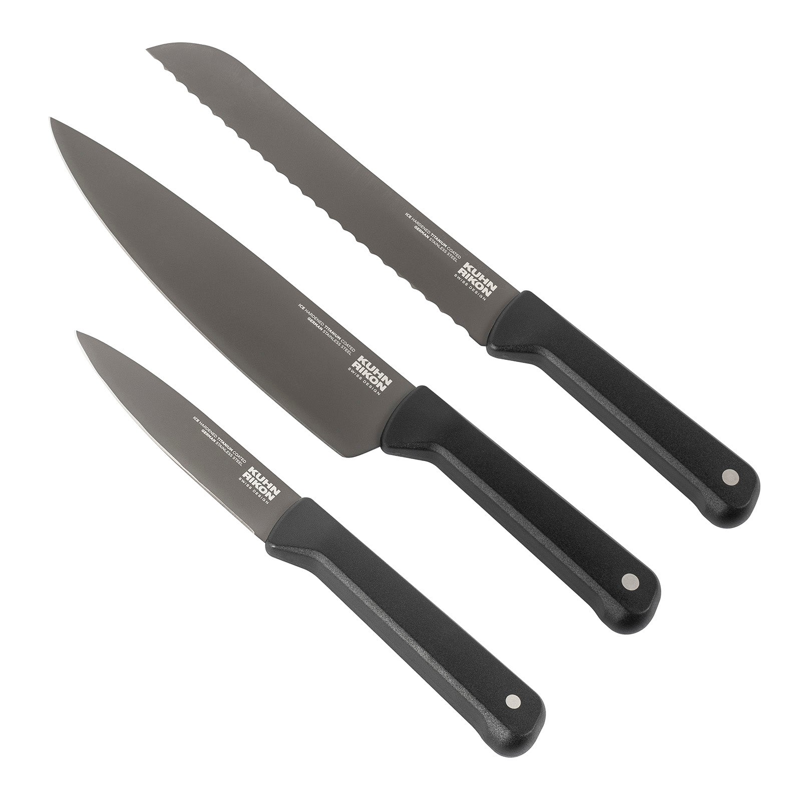 Kuhn Rikon ICED 3 Piece Knife Set, Paring, Chef, Bread, Ice Hardened German Stainless Blade