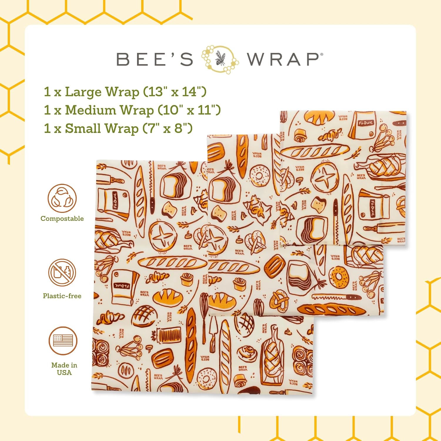 Bee's Wrap Reusable Beeswax Food Wraps, Assorted 3-Pack, Bakery Lane