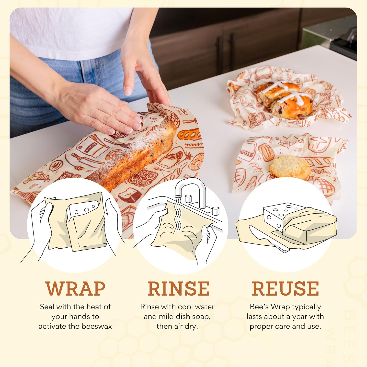 Bee's Wrap Reusable Beeswax Food Wraps, Assorted 3-Pack, Bakery Lane