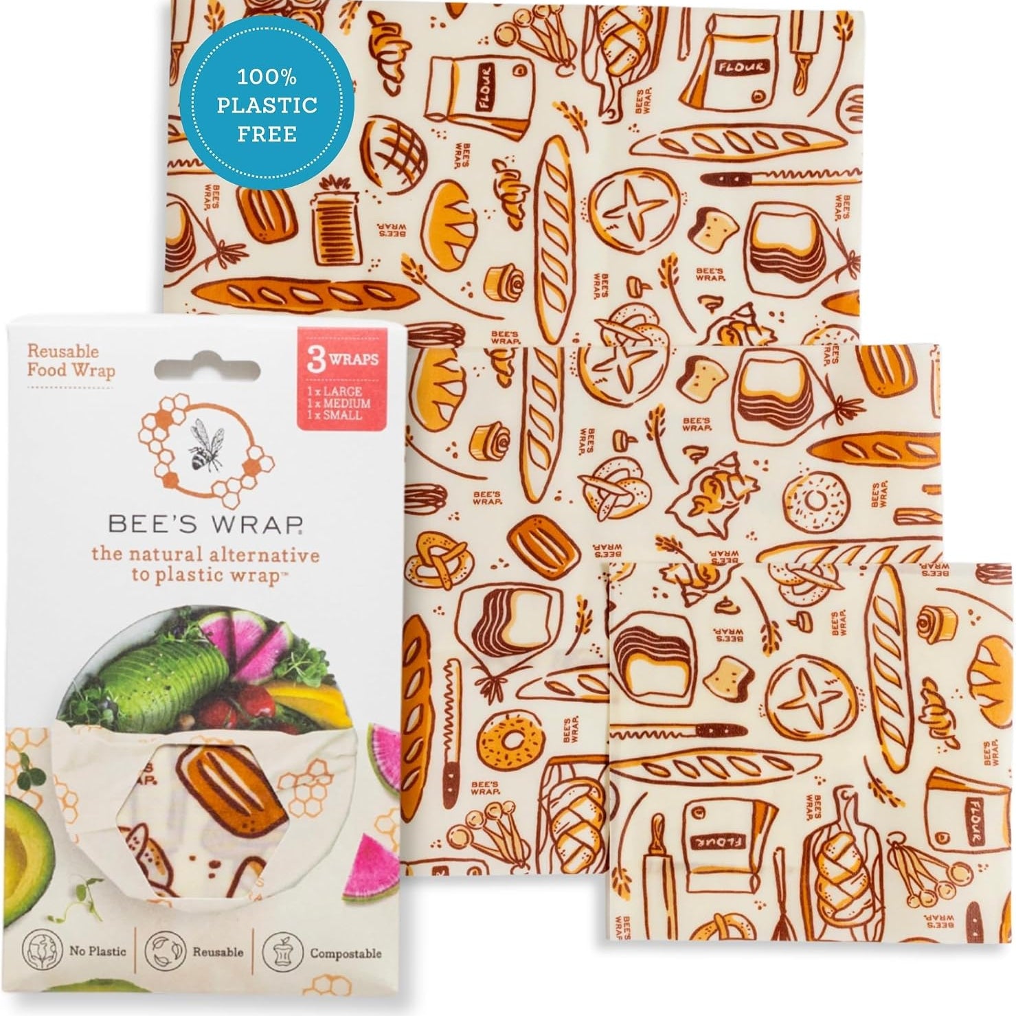Bee's Wrap Reusable Beeswax Food Wraps, Assorted 3-Pack, Bakery Lane
