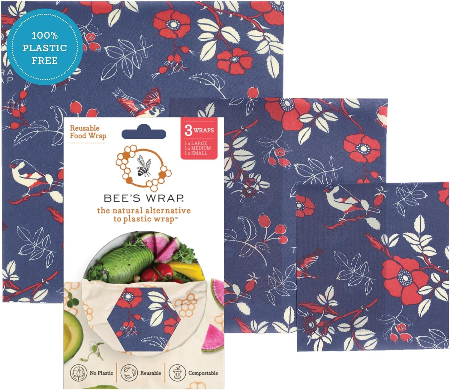 Bee's Wrap Reusable Beeswax Food Wraps, Assorted 3-Pack, Botanical