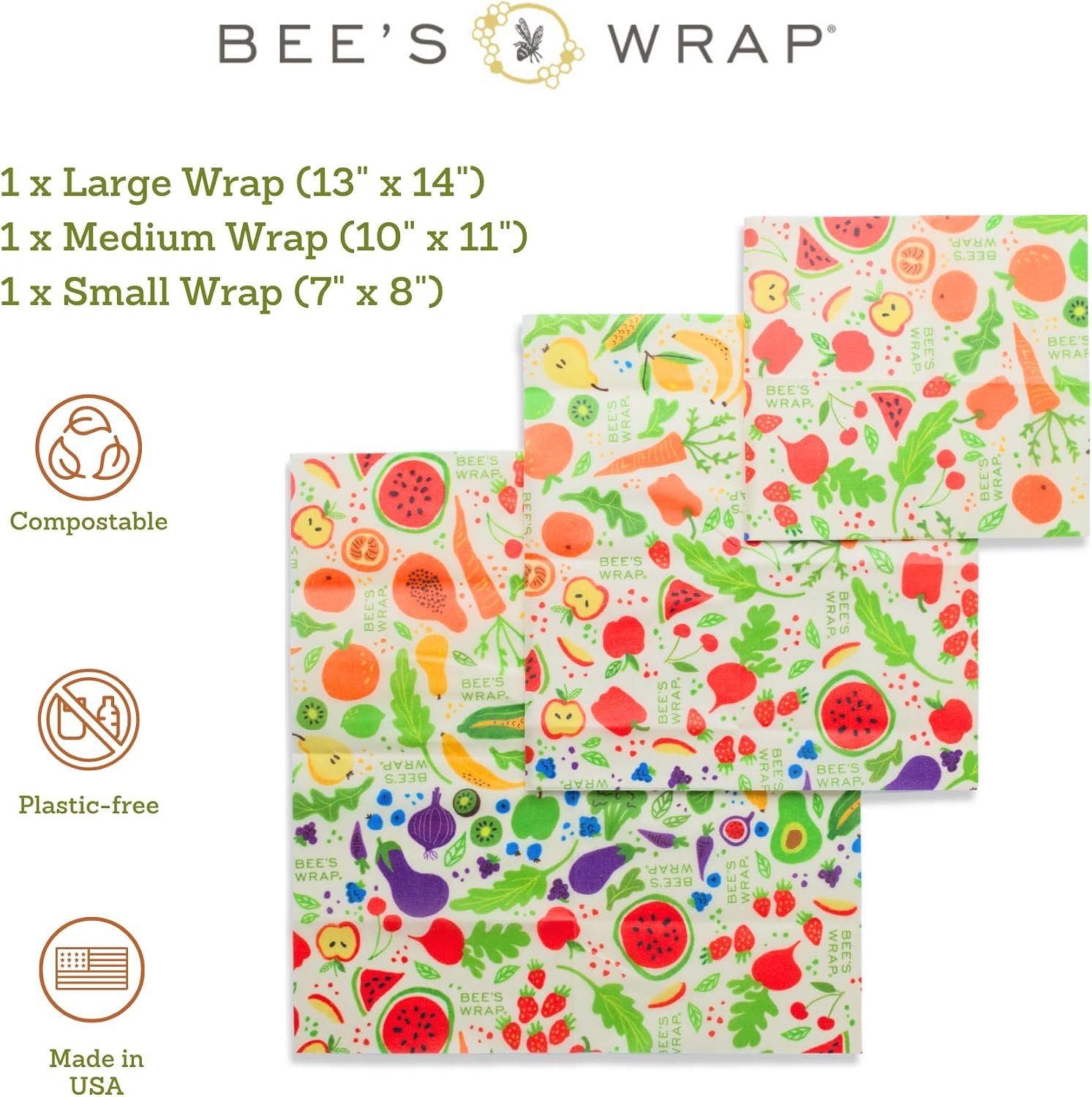 Bee's Wrap Reusable Beeswax Food Wraps, Assorted 3-Pack, Garden Party
