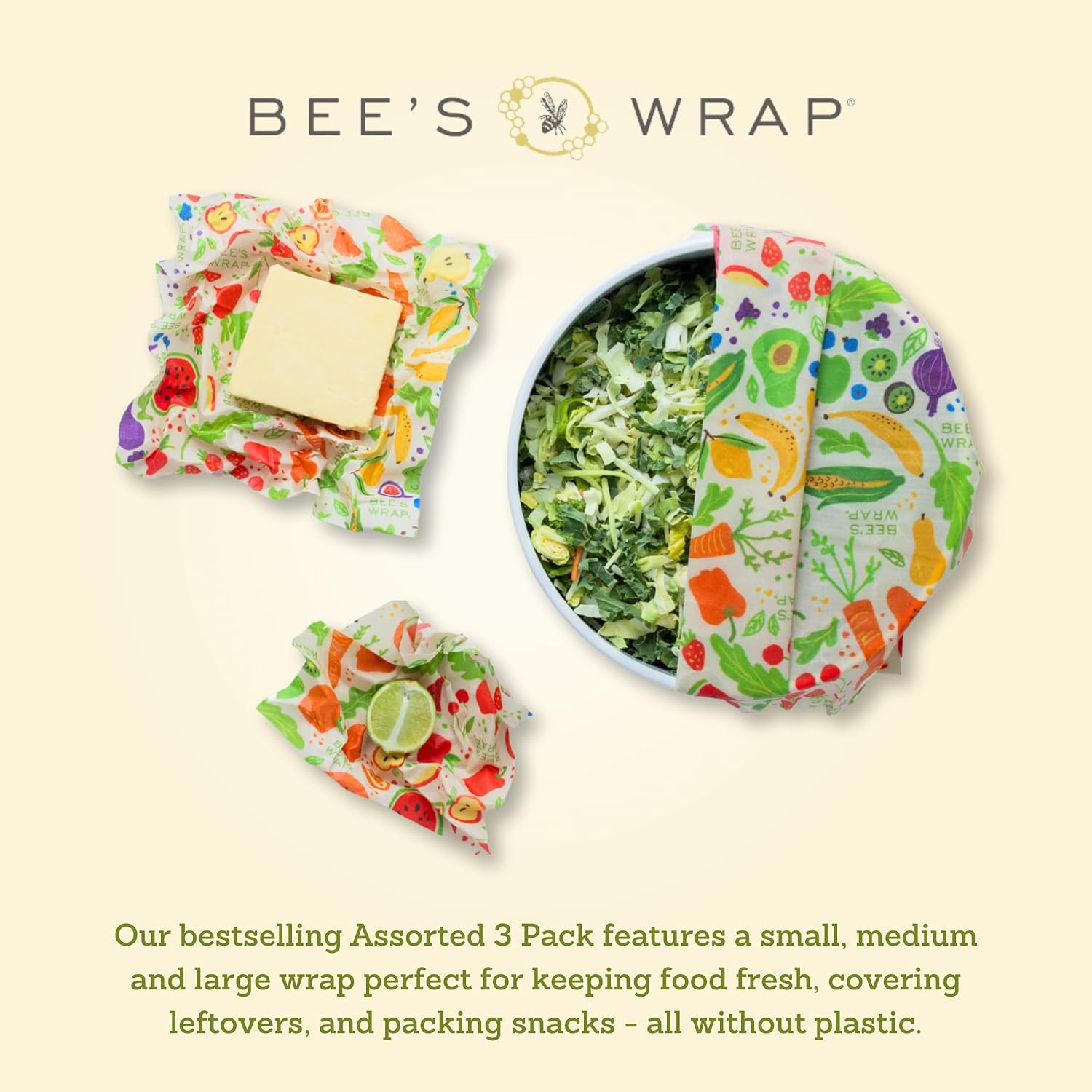 Bee's Wrap Reusable Beeswax Food Wraps, Assorted 3-Pack, Garden Party