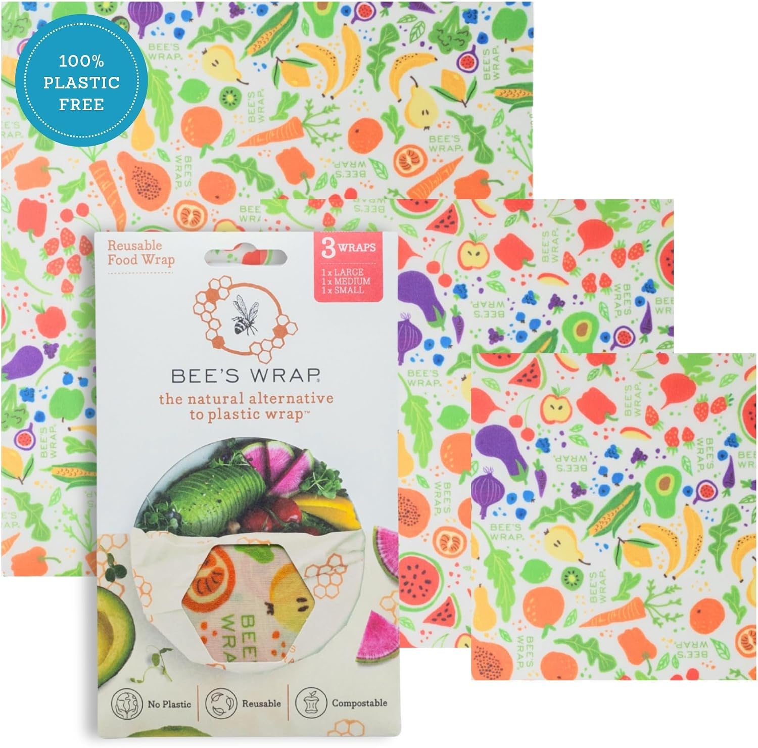 Bee's Wrap Reusable Beeswax Food Wraps, Assorted 3-Pack, Garden Party