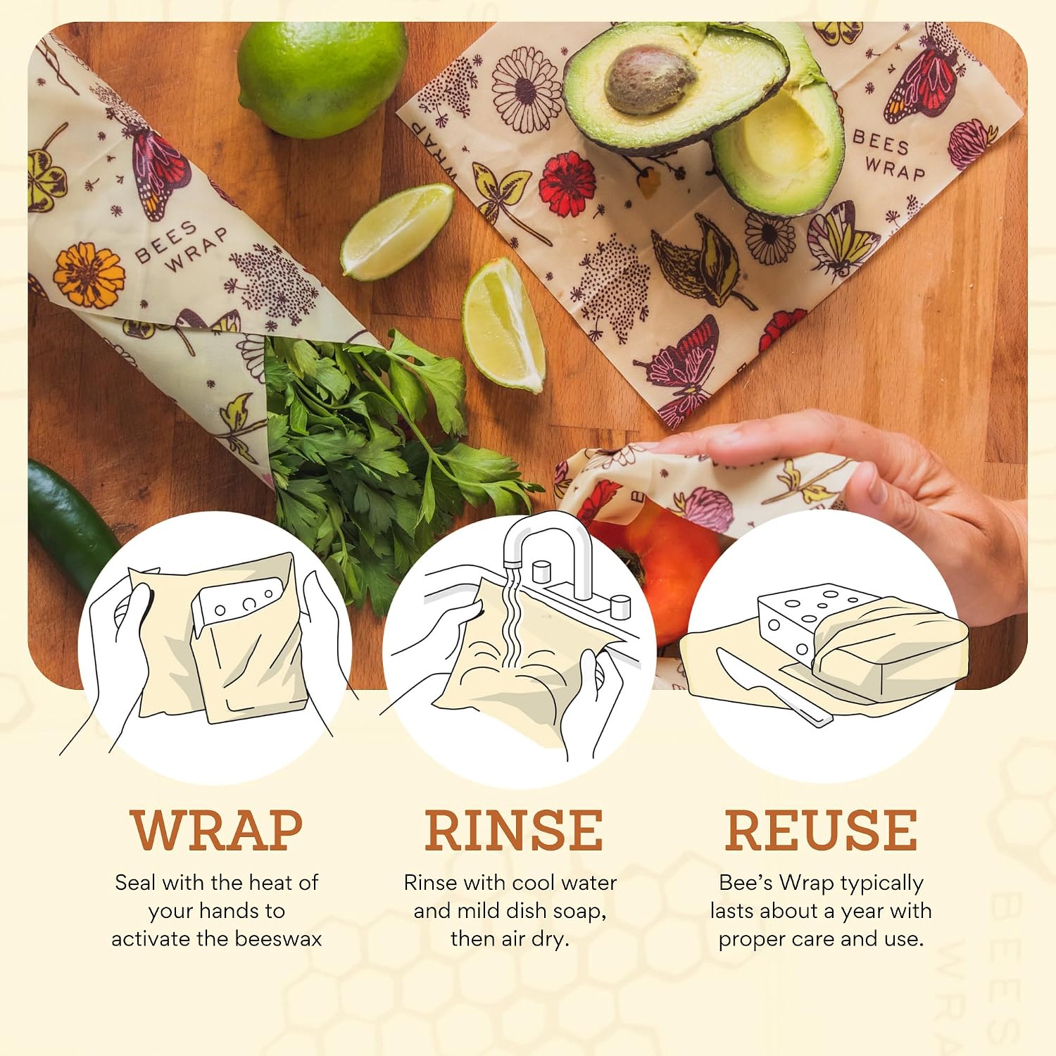 Bee's Wrap Reusable Beeswax Food Wraps, Assorted 3-Pack, Meadow Magic