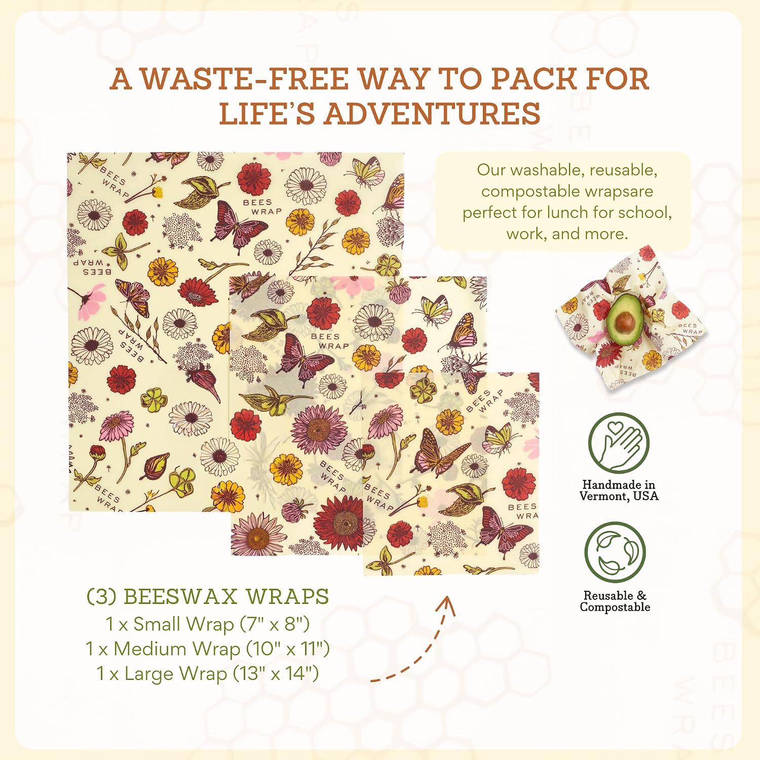 Bee's Wrap Reusable Beeswax Food Wraps, Assorted 3-Pack, Meadow Magic