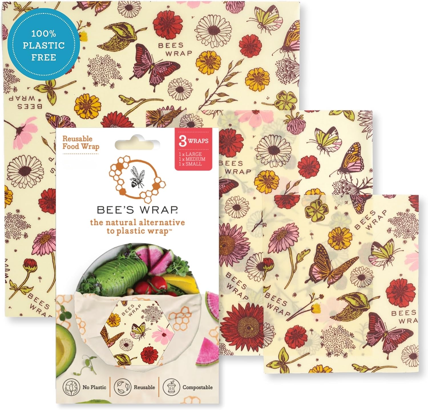 Bee's Wrap Reusable Beeswax Food Wraps, Assorted 3-Pack, Meadow Magic
