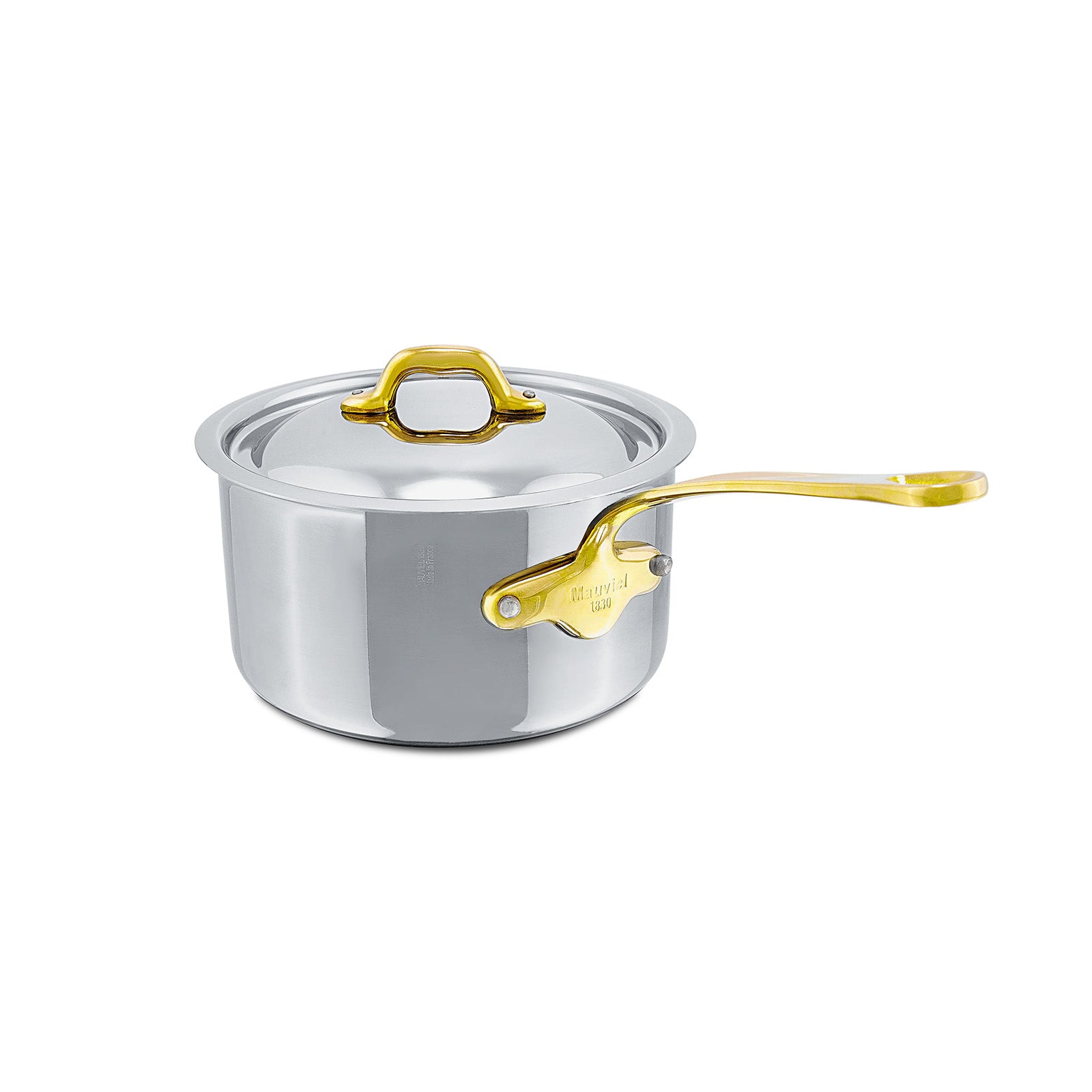 Mauviel M'Cook B 5-Ply Polished Stainless Steel Sauce Pan With Lid, And Brass Handle, 1.8-qt, Made In France