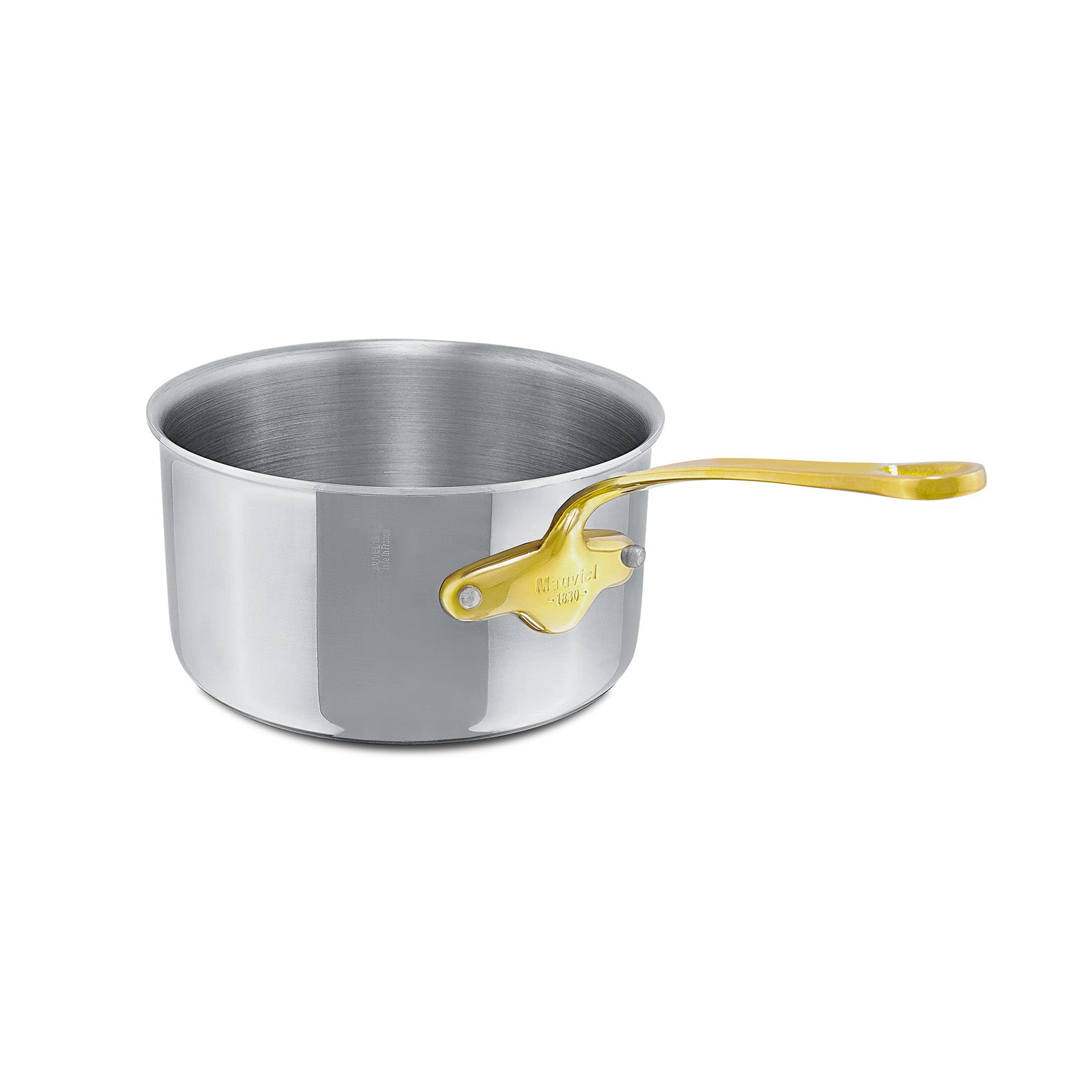Mauviel M'Cook B 5-Ply Polished Stainless Steel Sauce Pan With Lid, And Brass Handle, 1.8-qt, Made In France