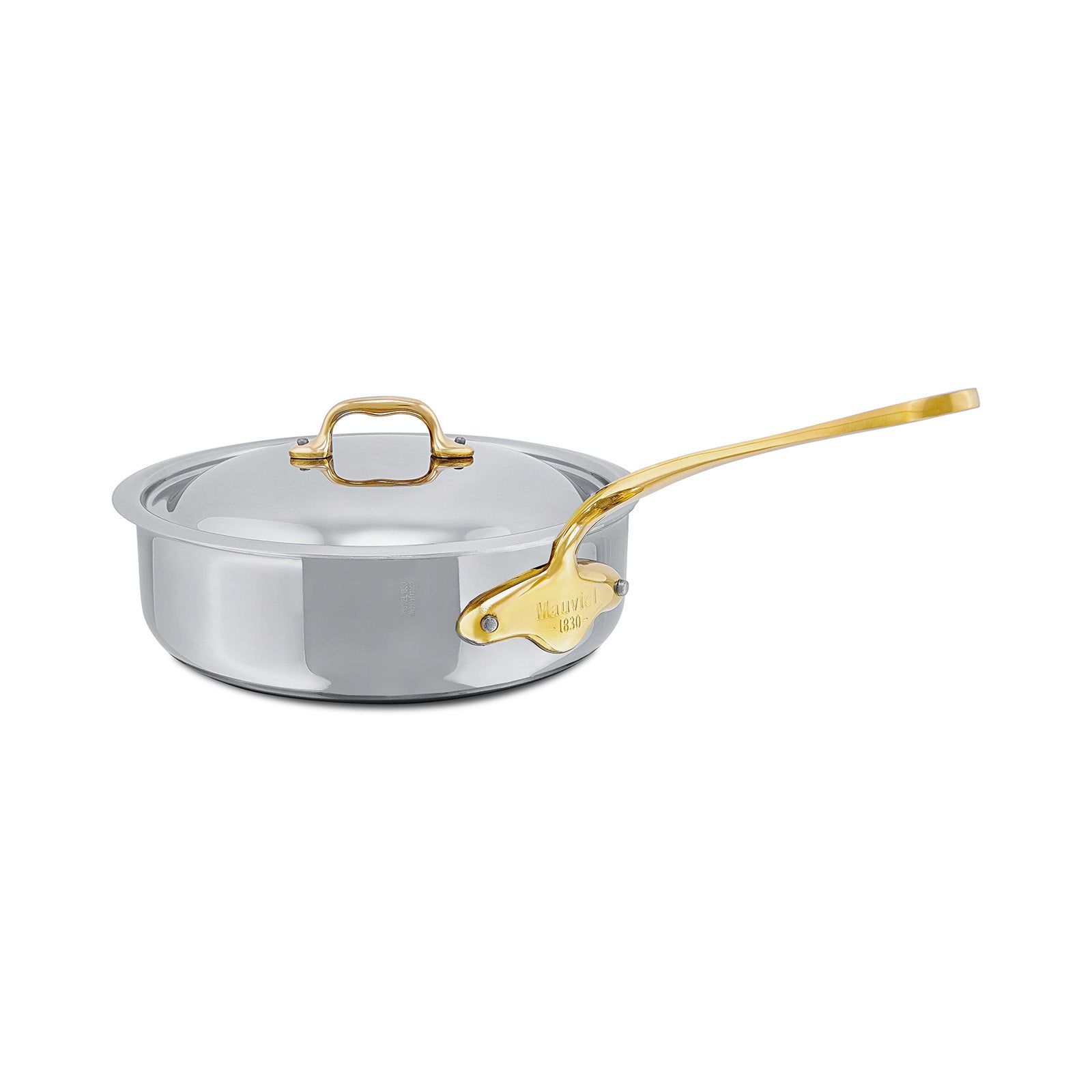 Mauviel M'Cook B 5-Ply Polished Stainless Steel Saute Pan With Lid, And Brass Handle, 3.2-qt, Made In France