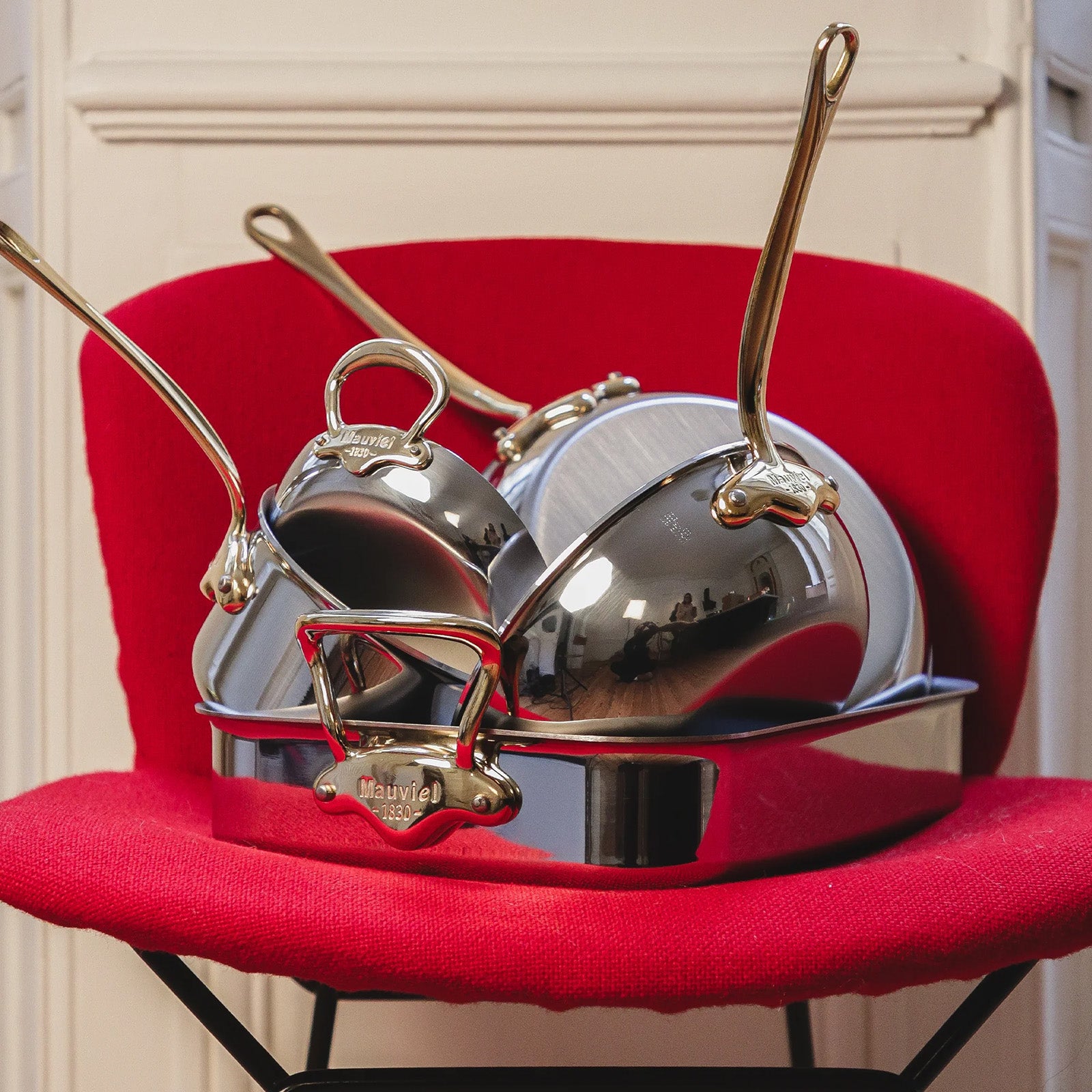 Mauviel M'Cook B 5-Ply Polished Stainless Steel Saute Pan With Lid, And Brass Handle, 3.2-qt, Made In France