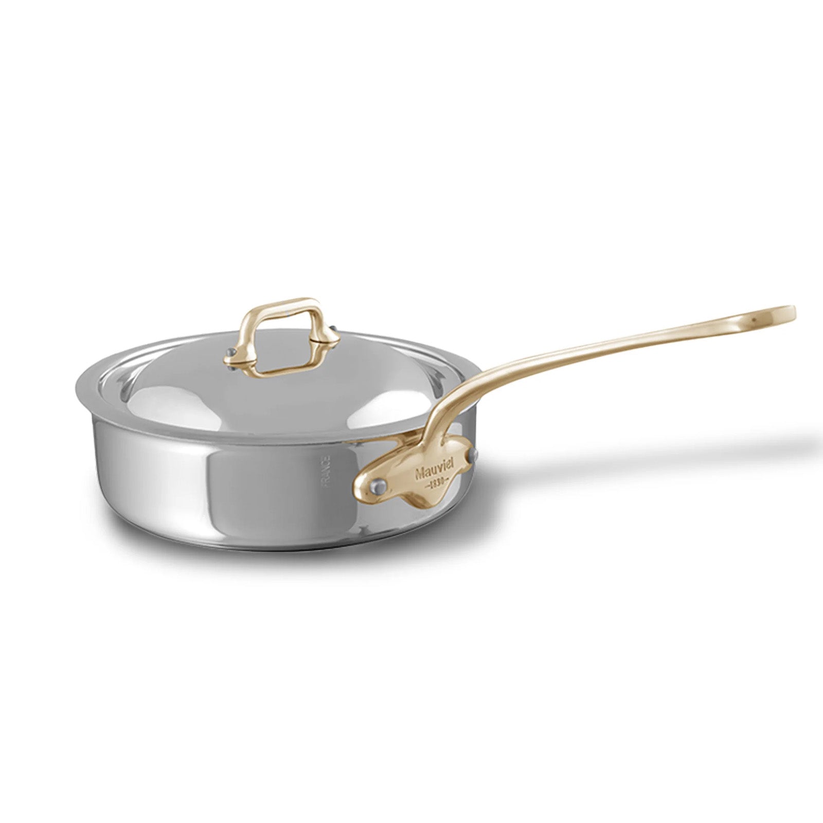 Mauviel M'Cook B 5-Ply Polished Stainless Steel Saute Pan With Lid, And Brass Handle, 3.2-qt, Made In France