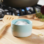 Rachael Ray 9-ounce Ceramic Salt and Spice Box with Wood Lid, Light Blue Ombre
