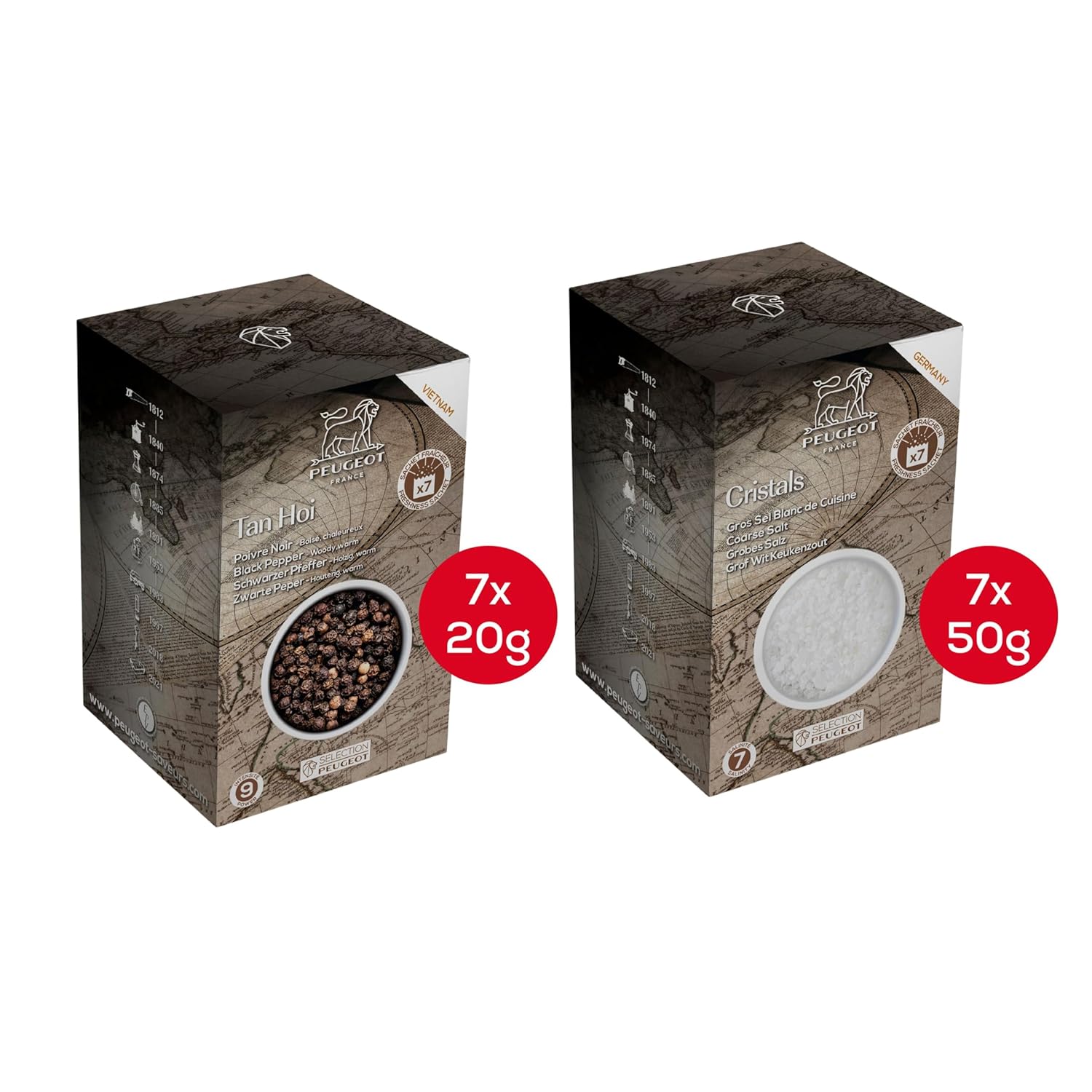 Peugeot Salt & Pepper Sachet Bundle – 14 Sachets Total – Tan Hoi Black Peppercorns (7 x 20g) & Coarse Dry White Salt (7 x 50g)