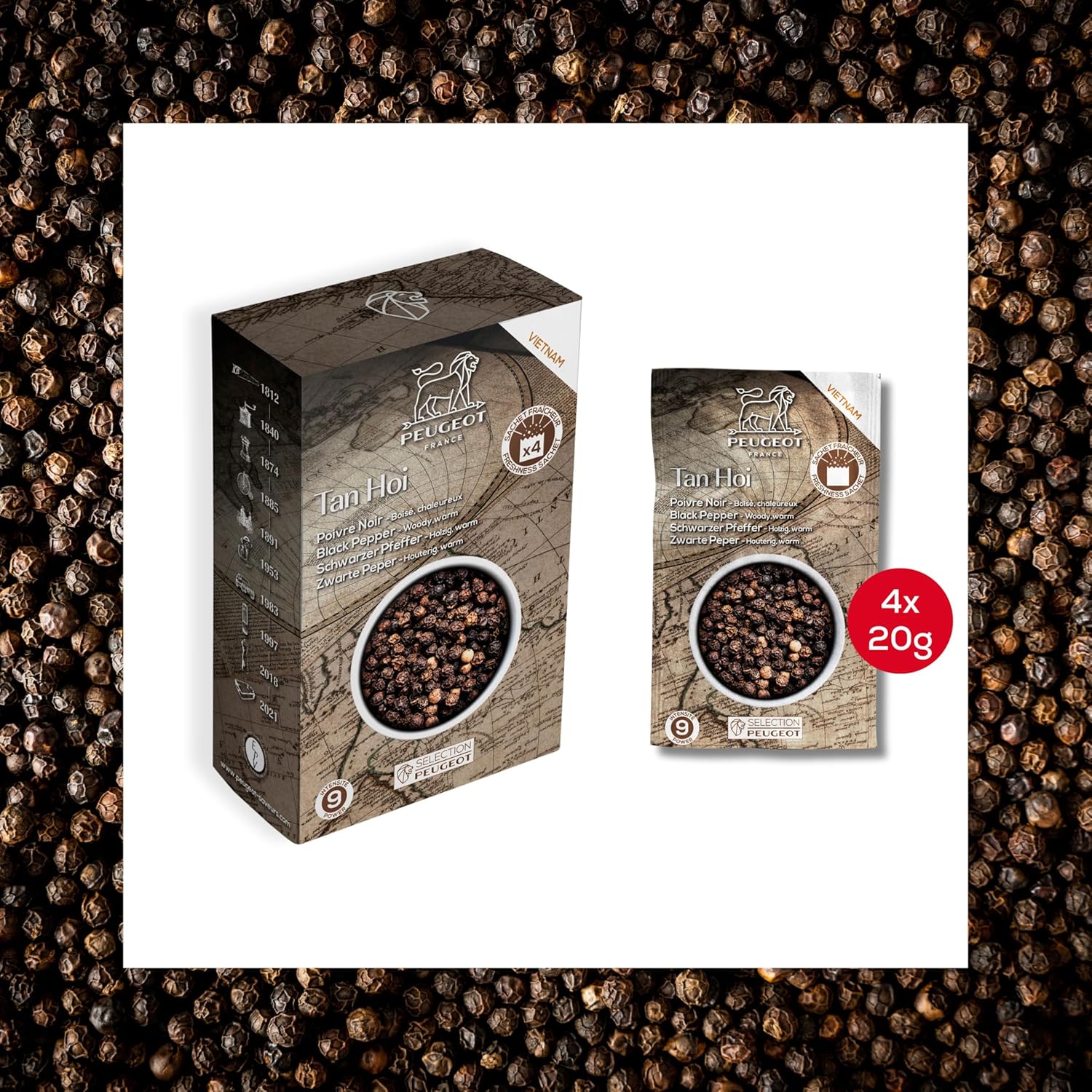 Peugeot Salt & Pepper Sachet Bundle – 14 Sachets Total – Tan Hoi Black Peppercorns (7 x 20g) & Coarse Dry White Salt (7 x 50g)
